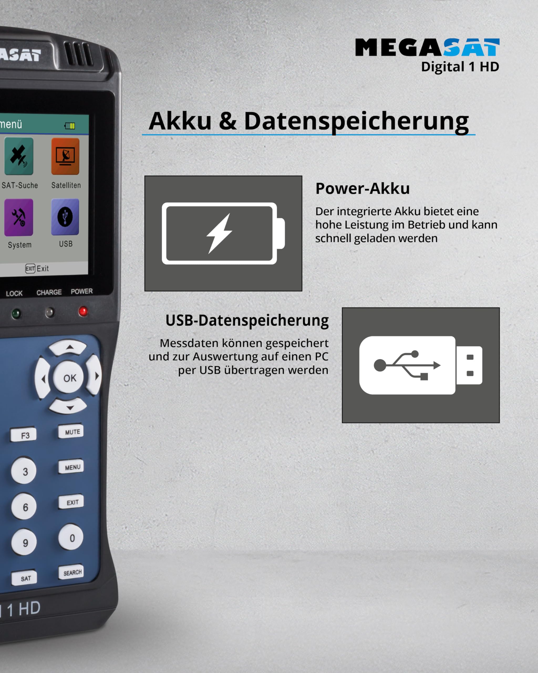 Megasat Digital 1 HD – Sat-Messgerät, Live-TV Bild, 3,5″ Farbdisplay | Für DVB-S & DVB-S2, Unicable, Akku
