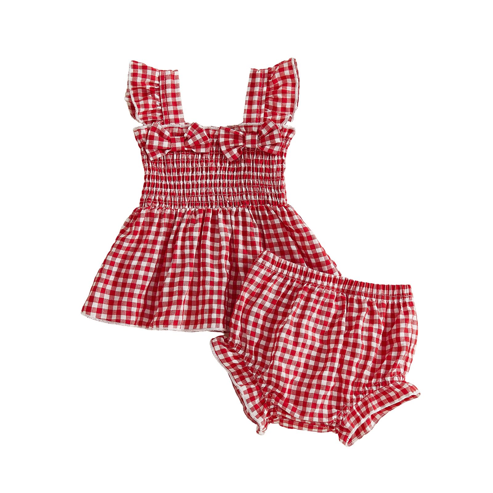 Toddler Baby Girl Summer Clothes Infant Girl Plaid Outfit Strawberry Ruffle Gingham Shirts Dress Tank Top Shorts Set — view 11