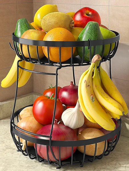 Sevenblue 2 Tier Fruit Basket for Kitchen Counter with 2 Banana Hangers, Metal Stackable Fruit Bowl for Kitchen Counter for Bread Vegetable Fruits, Black