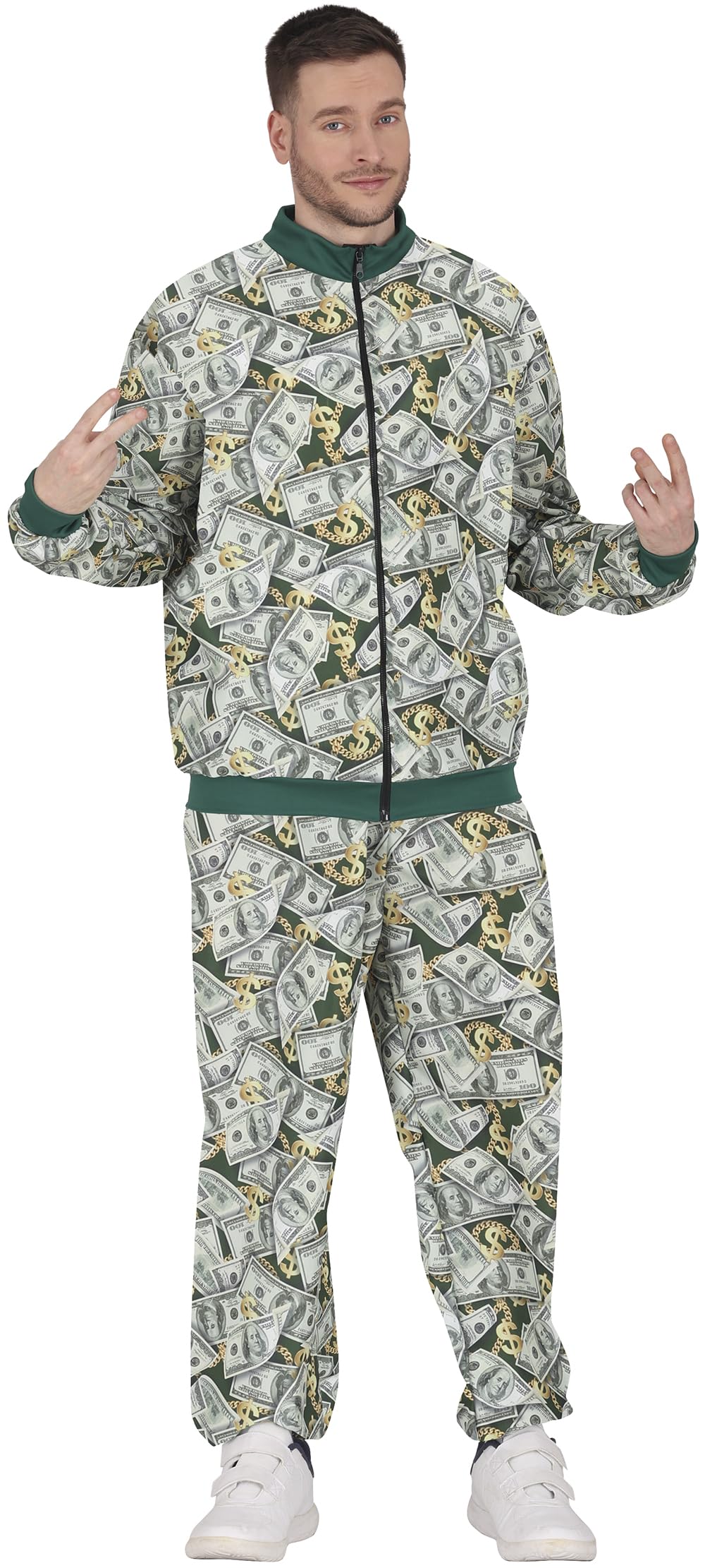 FIESTAS GUIRCA 90s Hot Shot Dollar Bills Tracksuit Mens Fancy Dress Costume - 80s Hip Hop Shell Suit Fancy Dress Men Size L 42-44