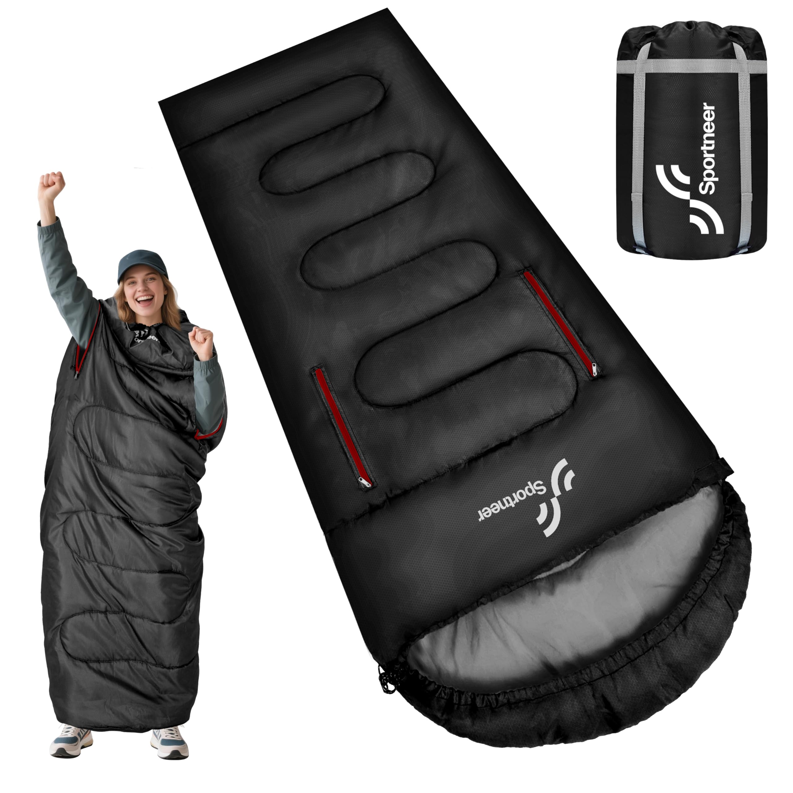 Sportneer 0 Degree Wearable Sleeping Bag for Adults & Kids – Walkable with Arm Zippers, Waterproof & Warm to 20°F, Compact for Camping, Stadiums, Travel, Backpacking & Car Use