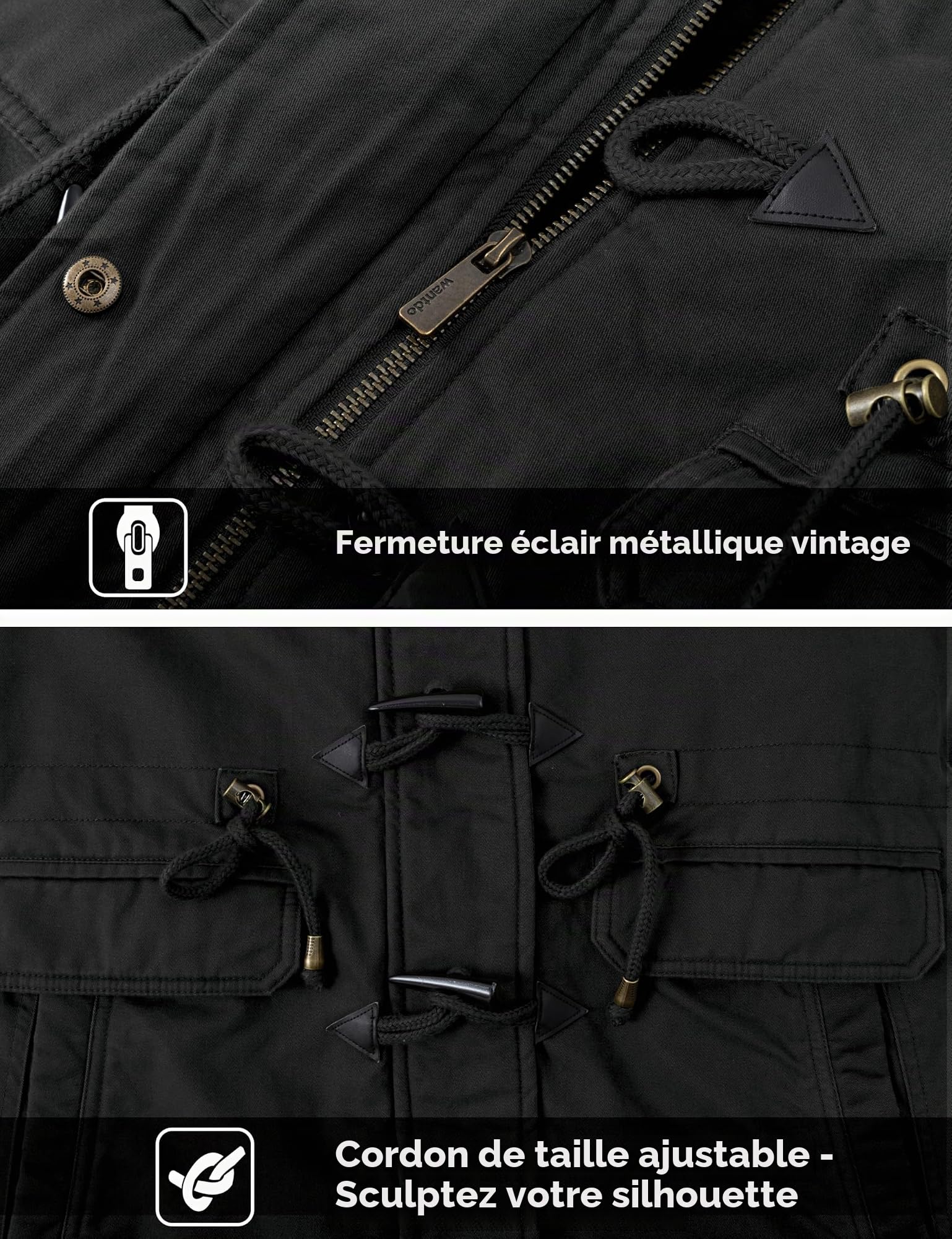 Wantdo Femme Duffle Coat Doublure Polaire Manteau Chaud en Coton Manteau à Capuche Détachable Veste Hiver Parka Militaire Slim Fit