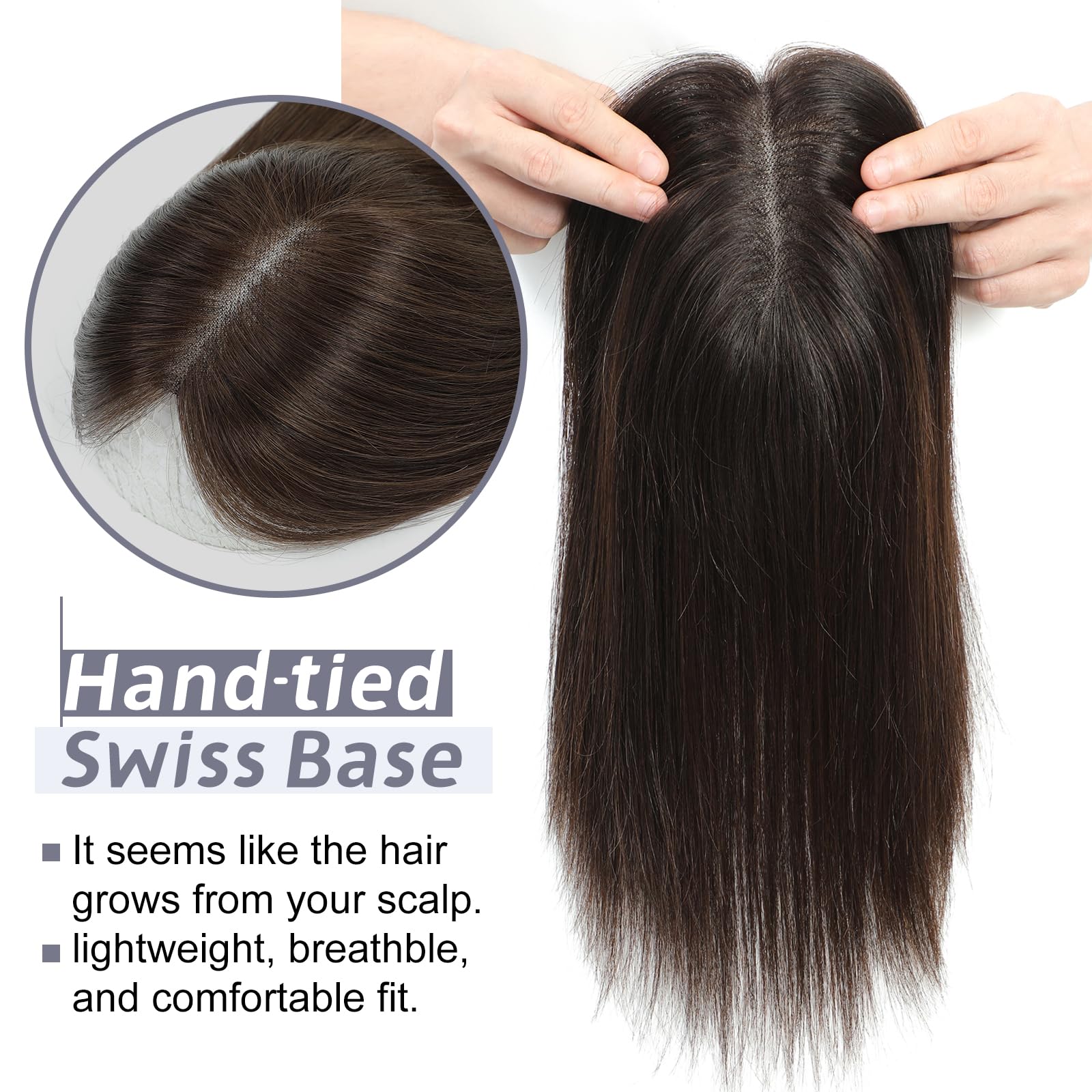 Human Hair Toppers for Women Real Human Hair Topper with Thinning Hair Clip In Topper Hairpieces 40g No Bangs 10 * 12CM Swiss Base Wiglets Top Hair Toppers 12Inch (Dark Brown) - Image 4