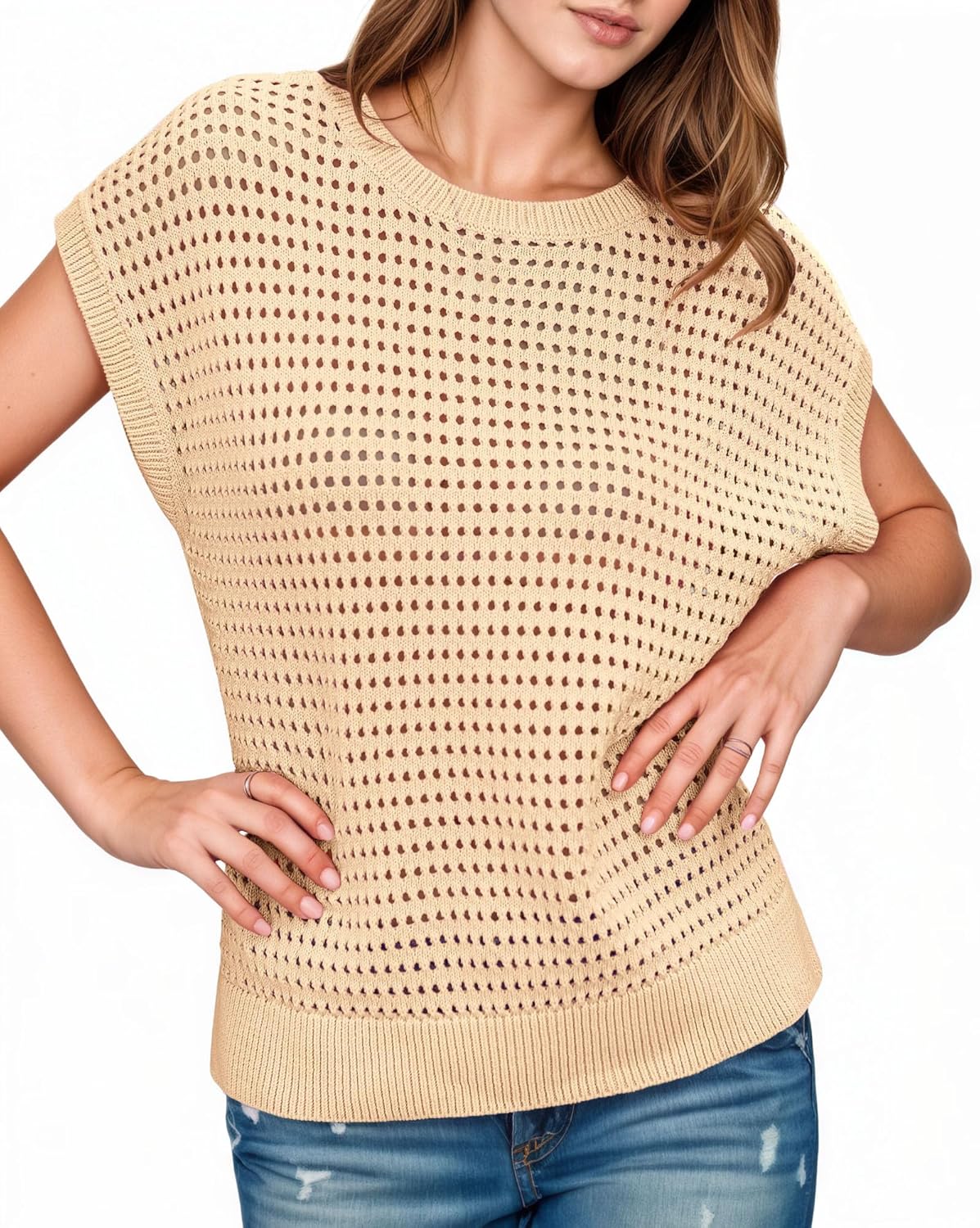 LCXWFE Womens Summer Crochet Sweaters Knit Cap Sleeve Shirts Casual Crewneck Top - Image 4