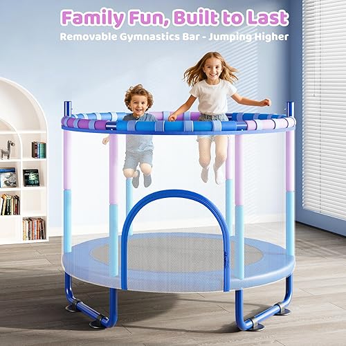 Miniatura 8 de Trampolín de 55 pulgadas para niños con recinto, cama elástica 6 en 1 para interiores y exteriores, tubo antioxidante completo mejorado con barras