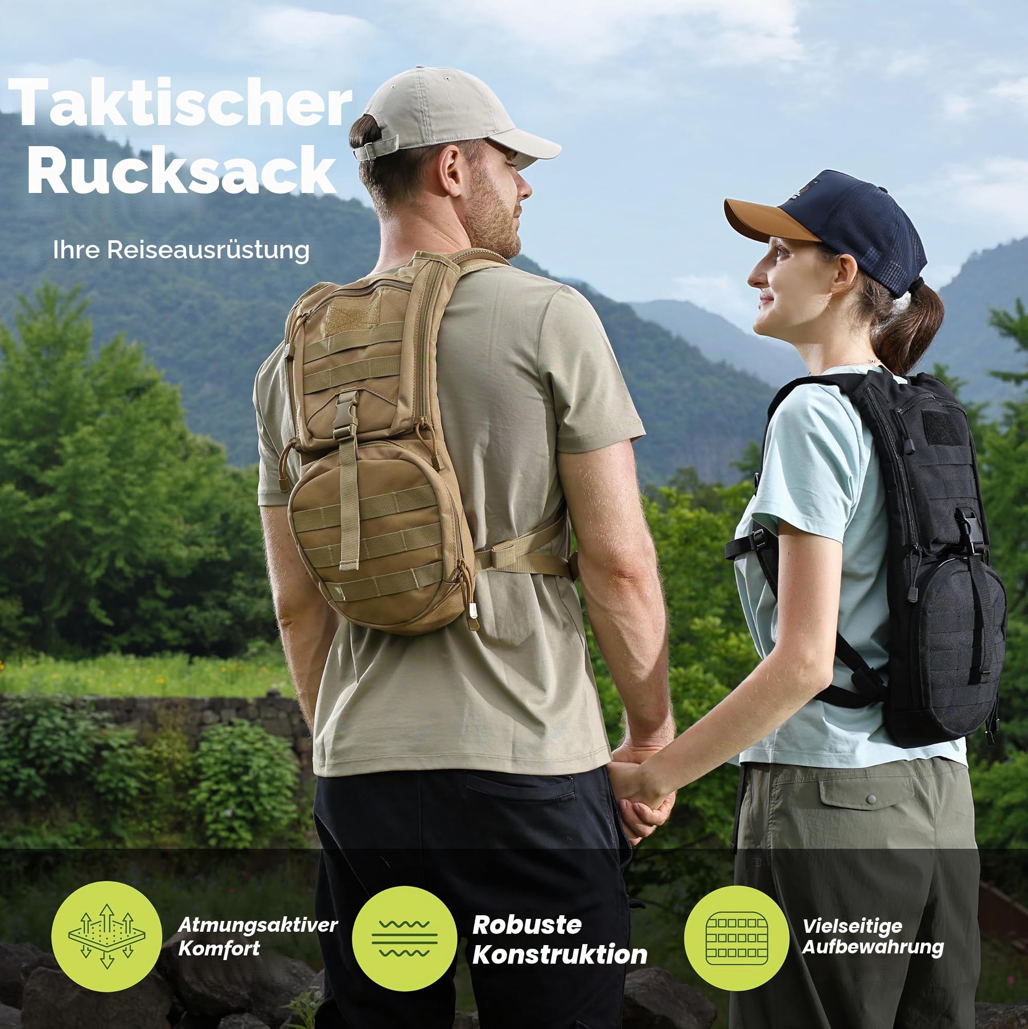 MARCHWAY Taktischer Molle-Trinkrucksack mit 3L TPU-Wasserblase, Militär-Tagesrucksack für Radfahren, Wandern, Laufen, Klettern, Jagd, Radfahren (Tan)