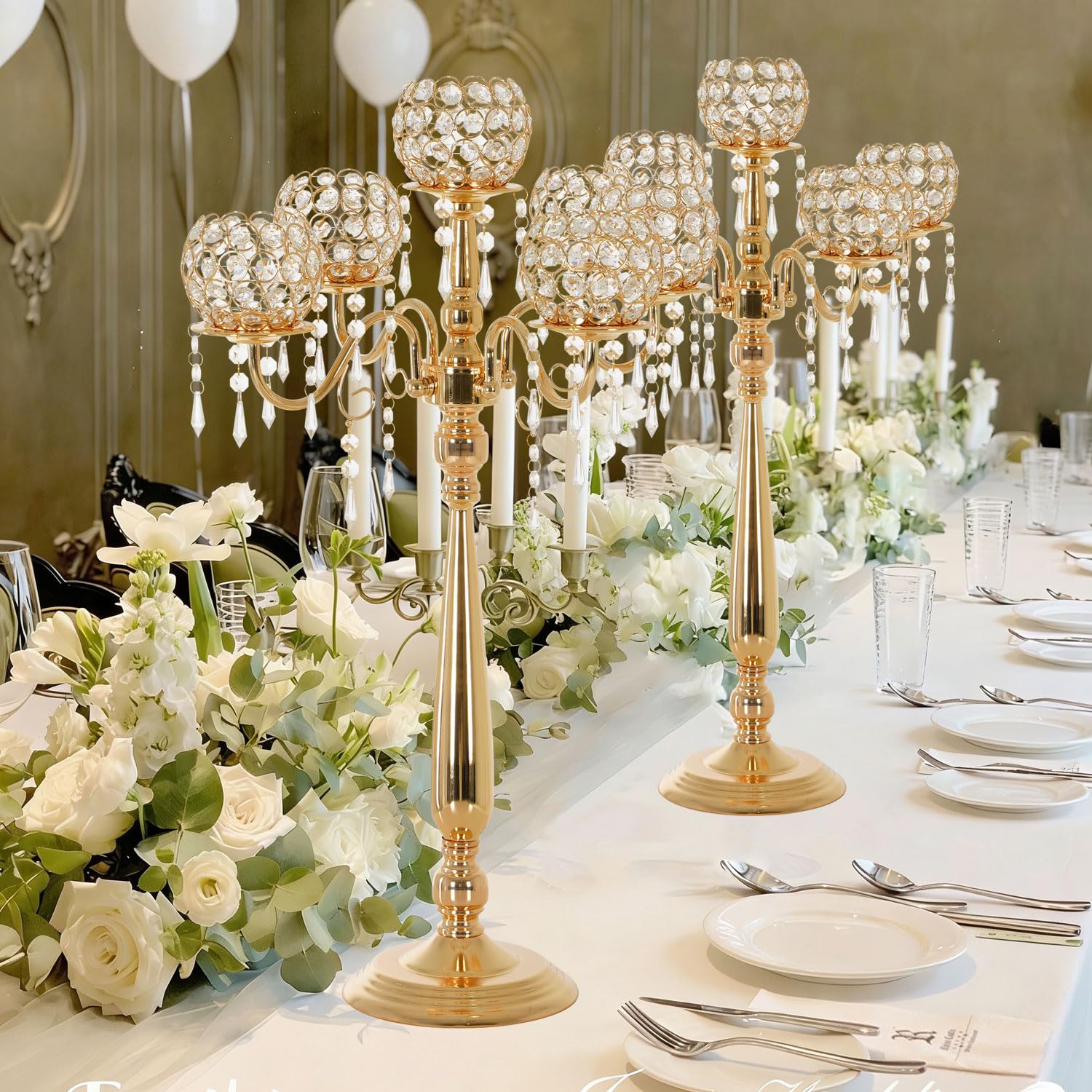 4 paquetes de candelabros de cristal de 5 brazos para centro de mesa de boda, juego de portavelas dorado con cuentas de cristal, aniversario, cena, fiesta, decoración de mesa, candelabros de mesa