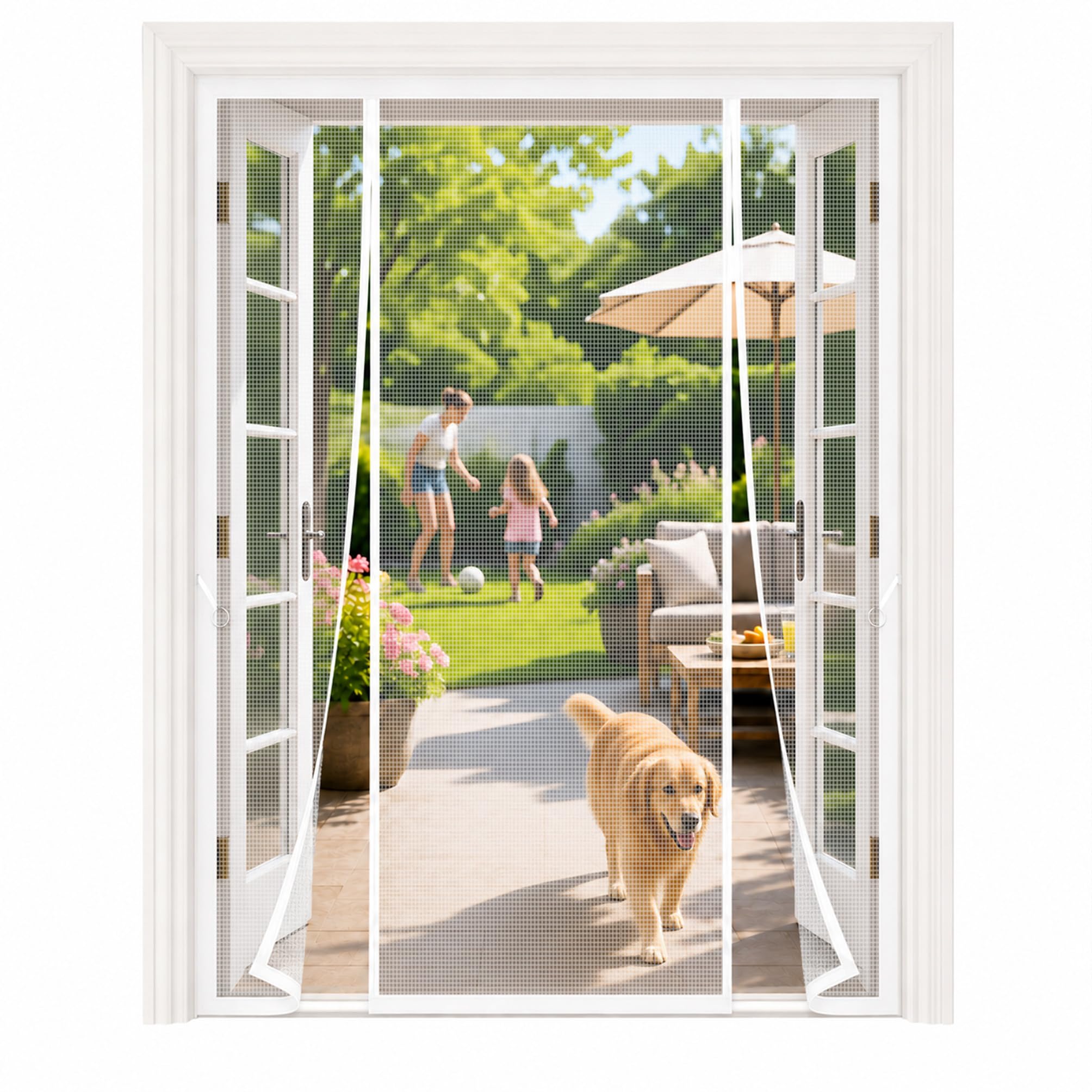 Large Door Insect Screen White 315x290cm Large Magnetic Screen Door with Side Panels with Adhesive Frame Fixing and Push Pins Useful When Standard Screens are Too Narrow for Conservatory Doors