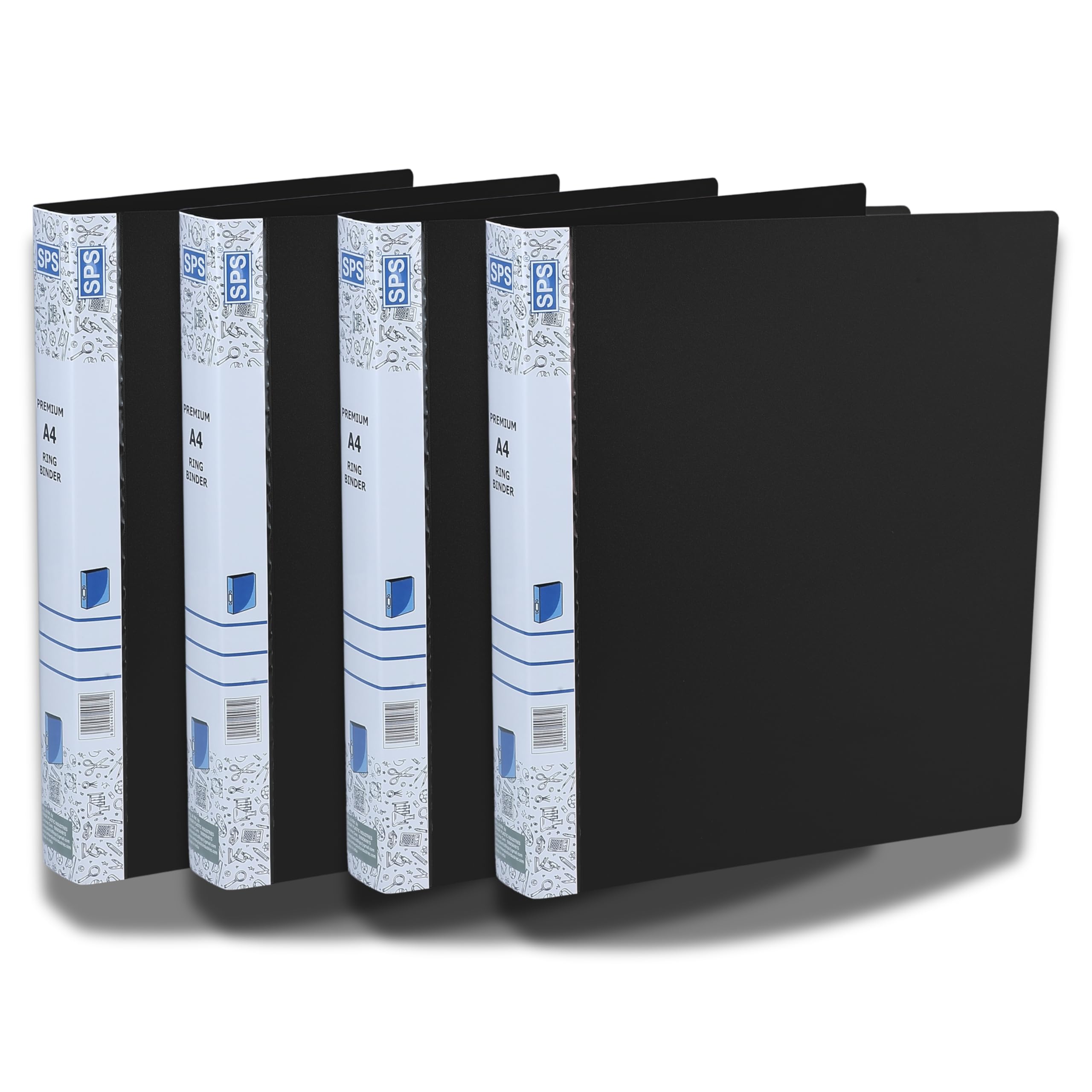 SPS Lot de 4 classeurs à anneaux 2D format A4 pour certificats et documents | pour documents de bureau et d'école, noir
