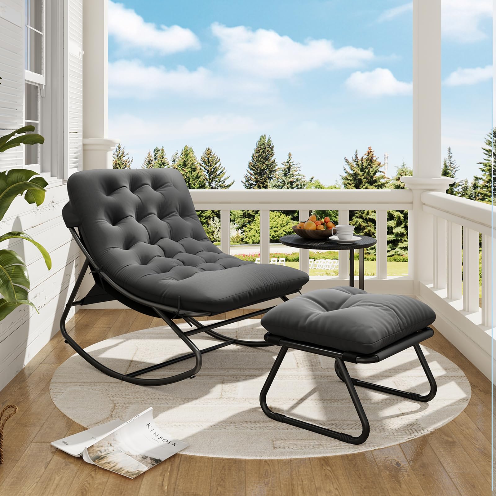 Aoxun Schaukelstuhl mit Hocker für Erwachsene, Schaukelliege Wetterfester Relaxstuhl aus Metall für Hof, Garten, Balkon, maximale Belastung von 160kg, Schwarzgrau