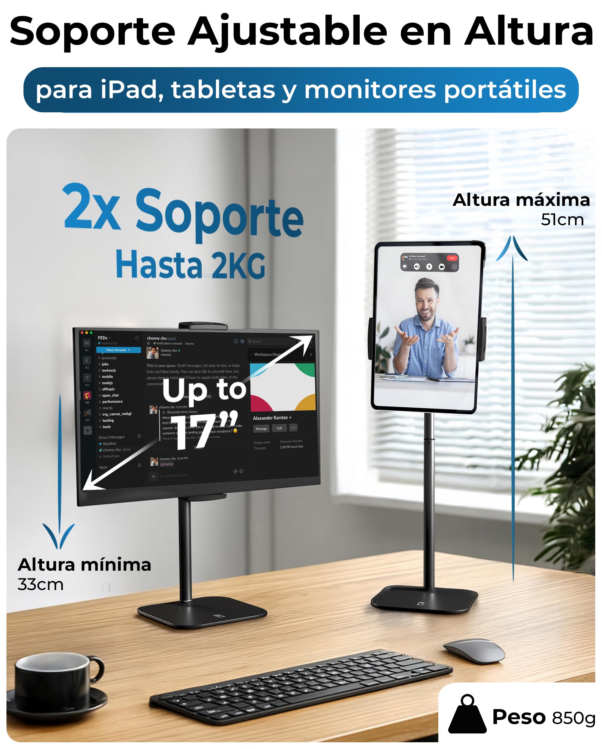 COOPER TabStand Soporte Tablet Escritorio 51 cm, Soporte iPad y Monitor Portátil hasta 17", Carga máx. 2 kg, Soporte Tablet Ajustable, Compatible iPad Apple, Samsung, Kindle, Fire (Negro Noche)
