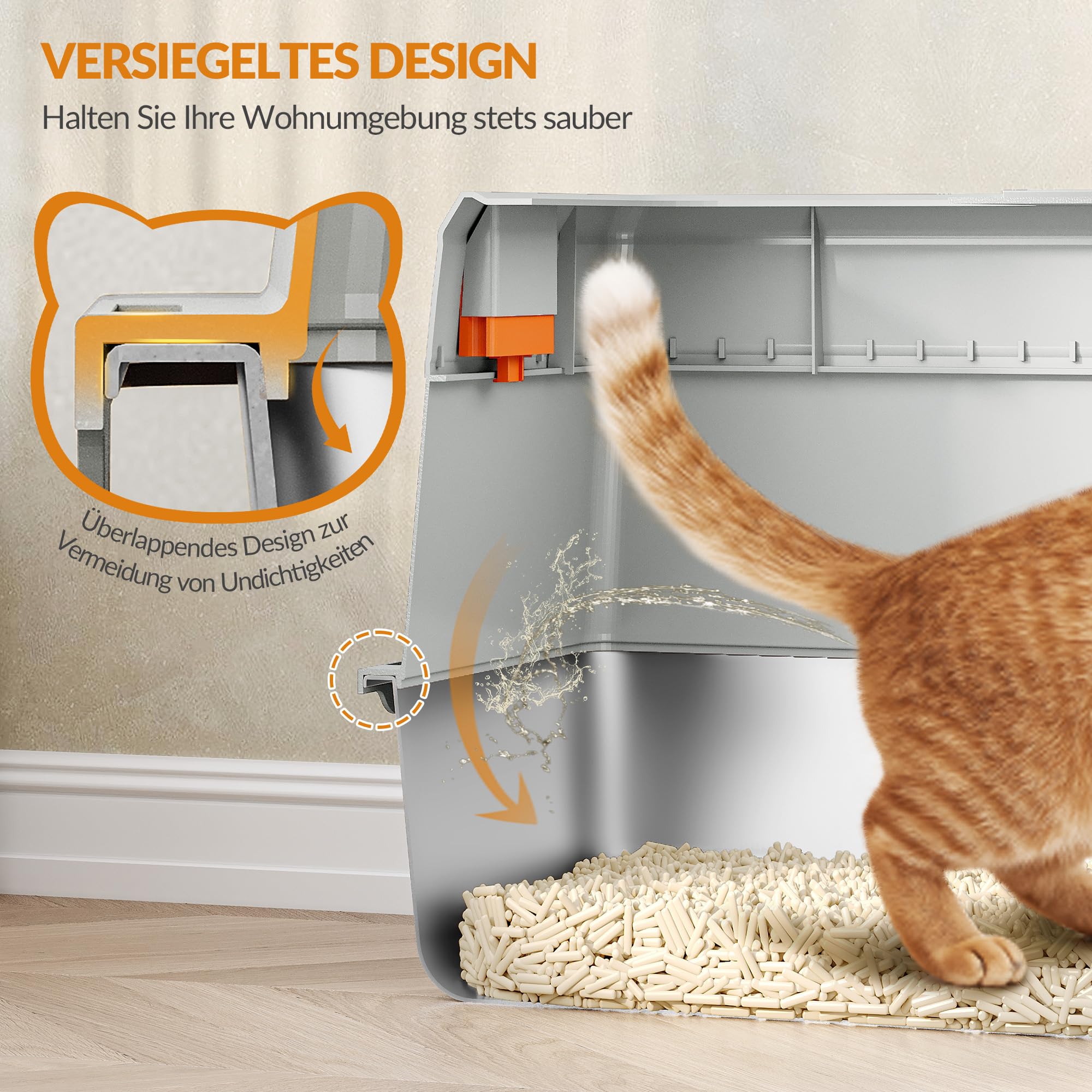 Edelstahl Katzenklo, XXL Geschlossene Katzentoilette, Hellgrau | Katzentoilette mit Deckel, Inklusive Trittstufe und Schaufel, Leicht zu Reinigen, Zwei Eingänge, Herausnehmbar FPLB204SG1