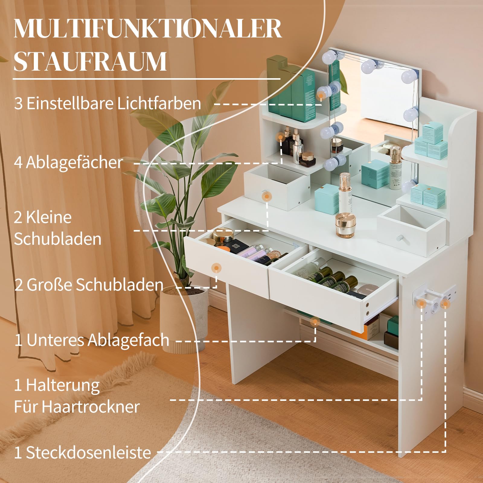 LEADZM Schminktisch mit LED-Beleuchtung & Spiegel, 3 Farben Verstellbarer Helligkeit, Frisiertisch mit 4 Schubladen, Steckdose & Föhnhalter(Weiß, 85x40x130 cm)