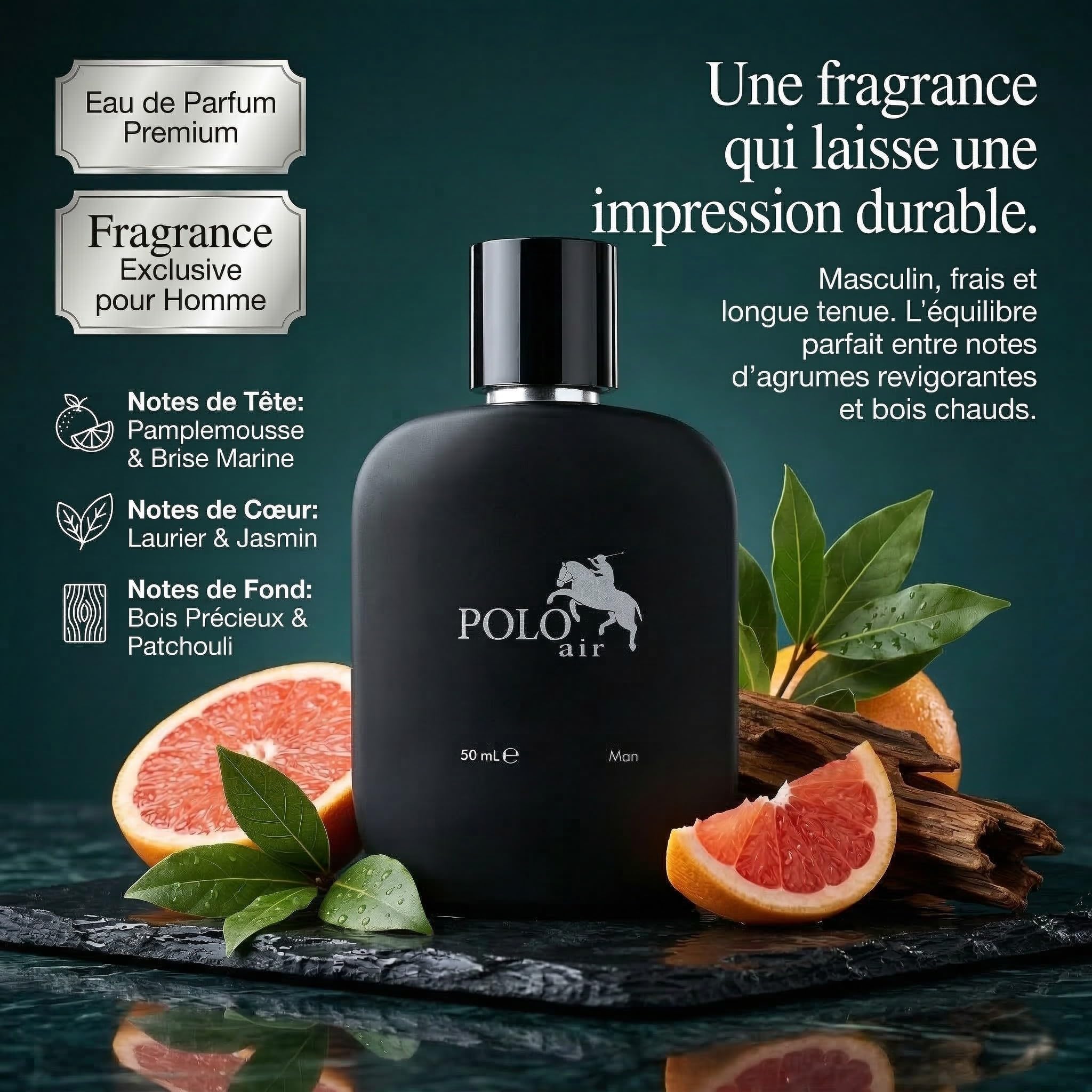 Polo Air Coffret-Cadeau Homme 4 Pièces - Ensemble Élégant avec Ceinture Portefeuille Porte-Cartes & 50ml Parfum - Noir avec Boîte Cadeau Premium