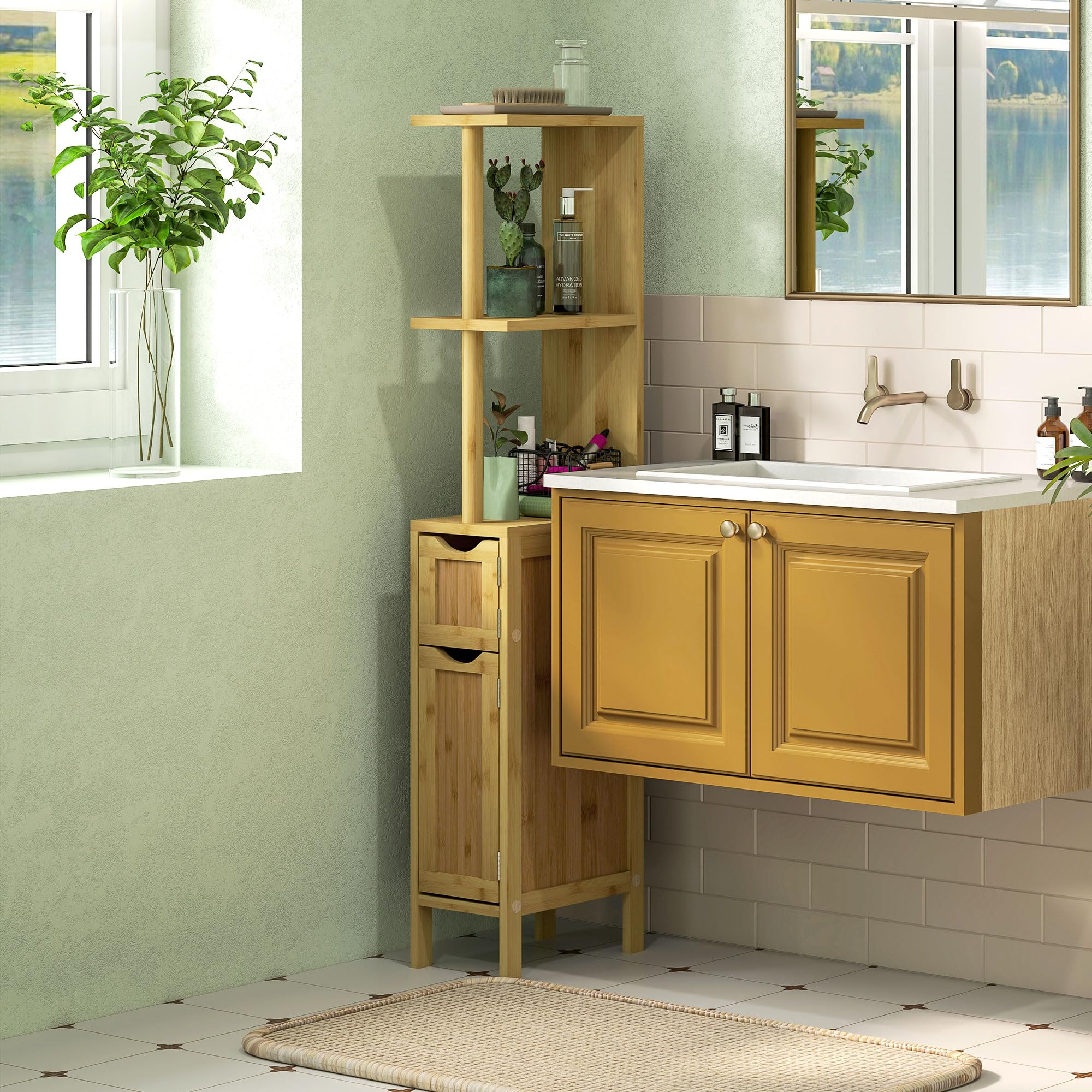 HOMCOM Colonne de Salle de Bain, Meuble de Salle de Bain, avec 2 étagères Ouvertes, 2 placards à Portes magnétiques, en Bambou, Bois Naturel