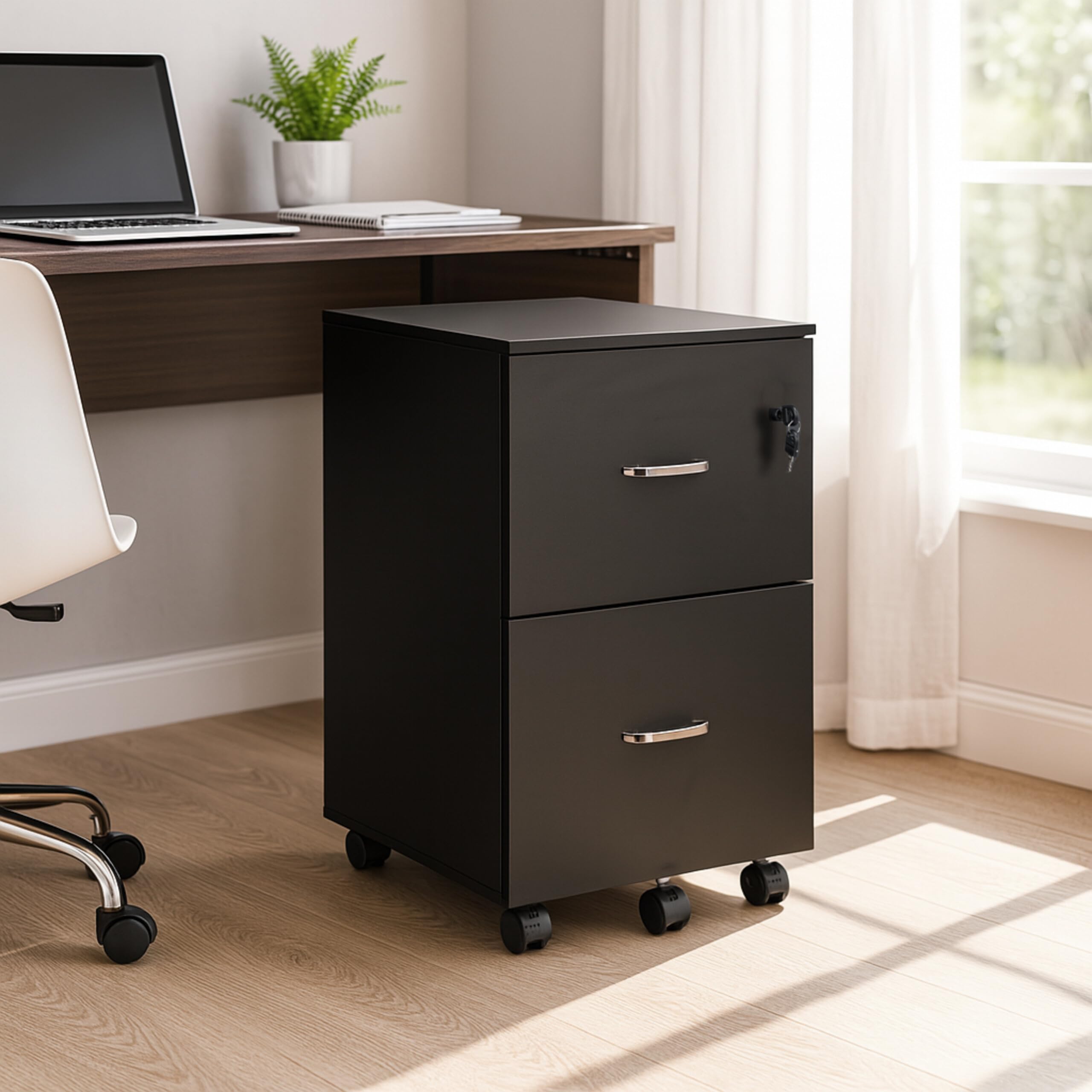 Relaxdays Mueble Archivador, 2 Cajones para Ficheros, 72 x 43 x 46 cm, Cajonera Oficina, Cierre con Llave, Negro