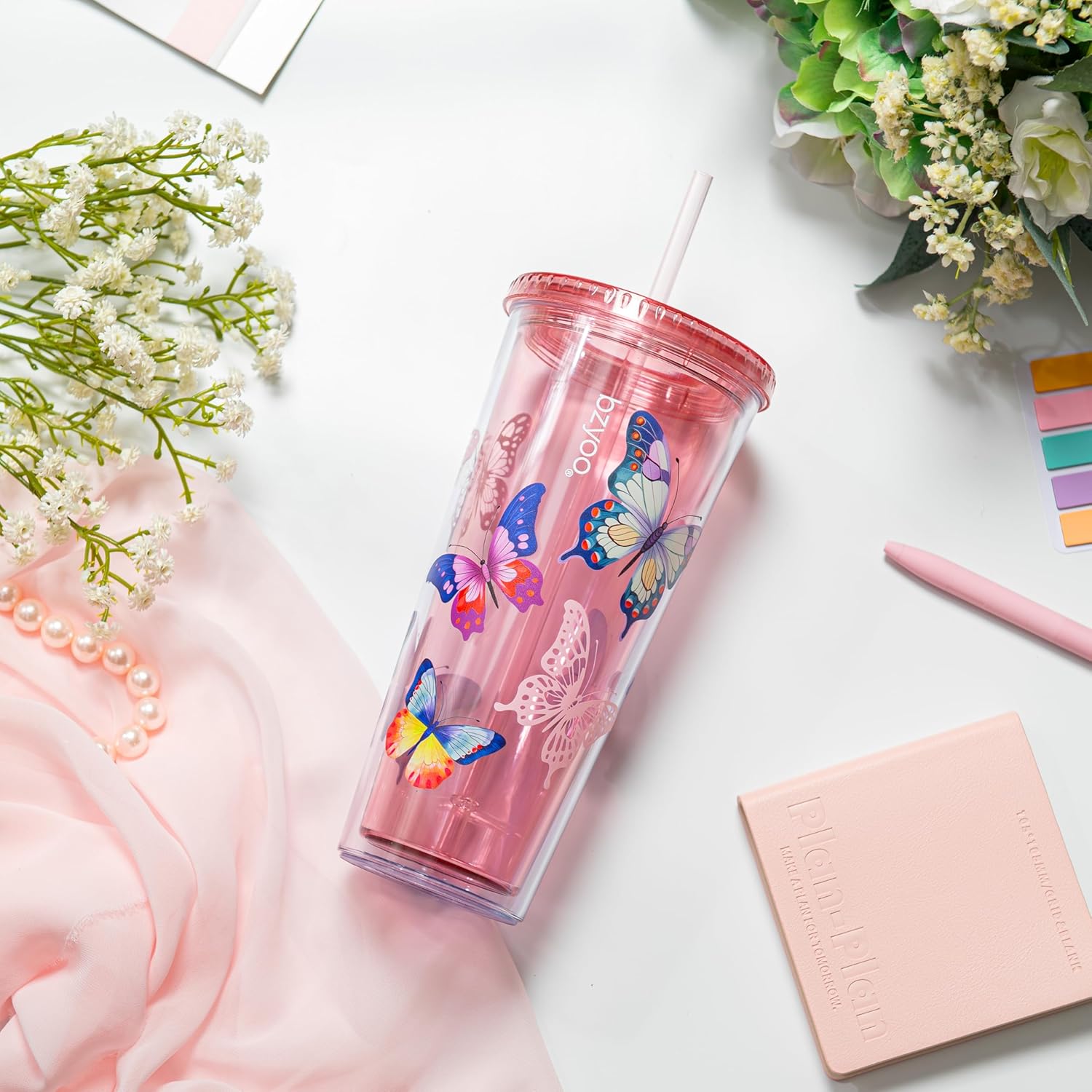 bzyoo Double Wall Tumbler with Straw and Lid Bottle Cold Drink Travel Mug Cup, 24oz (Butterfly Pink) - Image 2