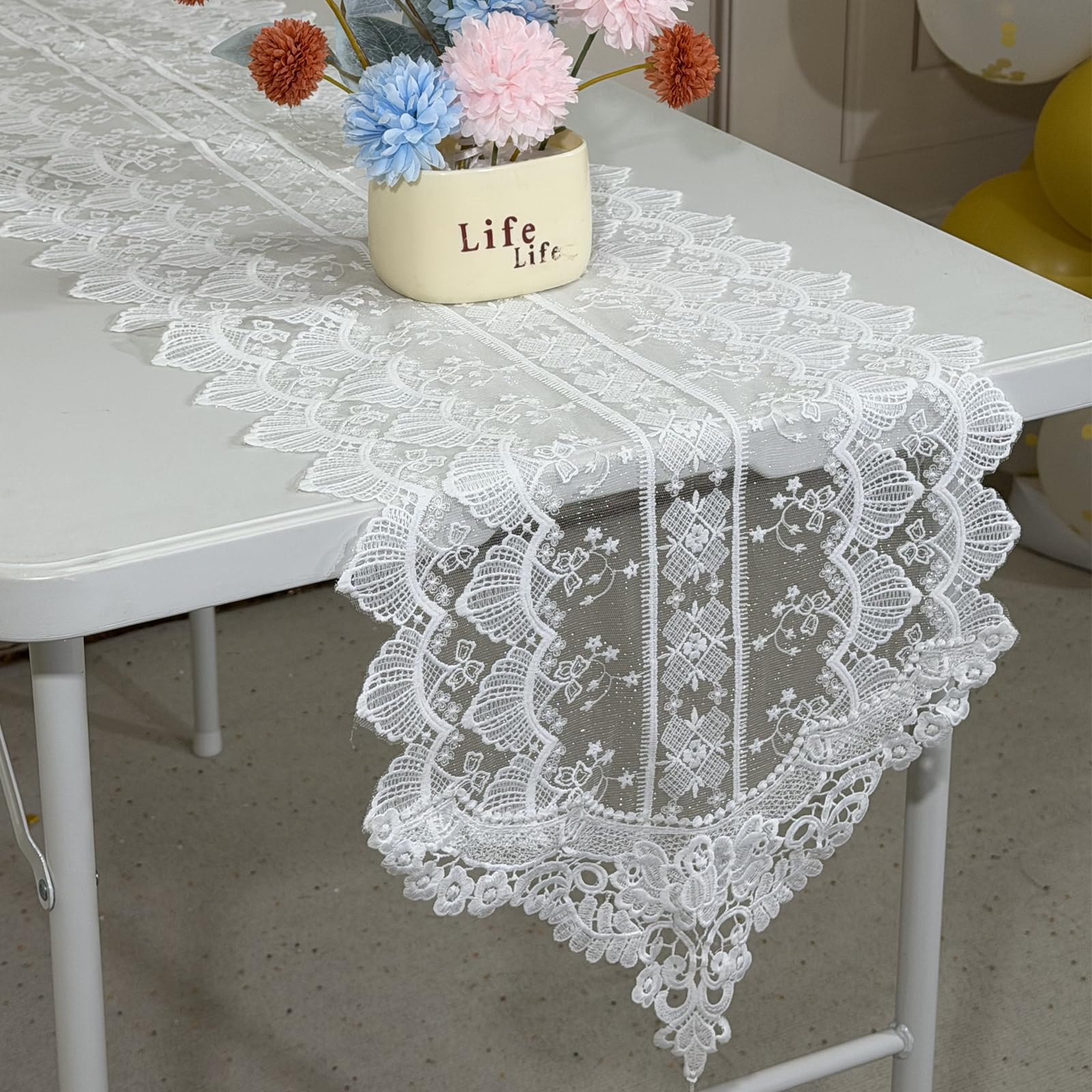 White Lace Table Runner 14 x 47 Inch, Polyester Floral Table Decor