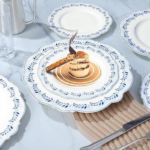 Miniatura 4 de fanquare Juego de 4 platos de ensalada de porcelana, platos de anillo de hierba azul para postres, pasta, panqueques, filetes, aptos para microondas