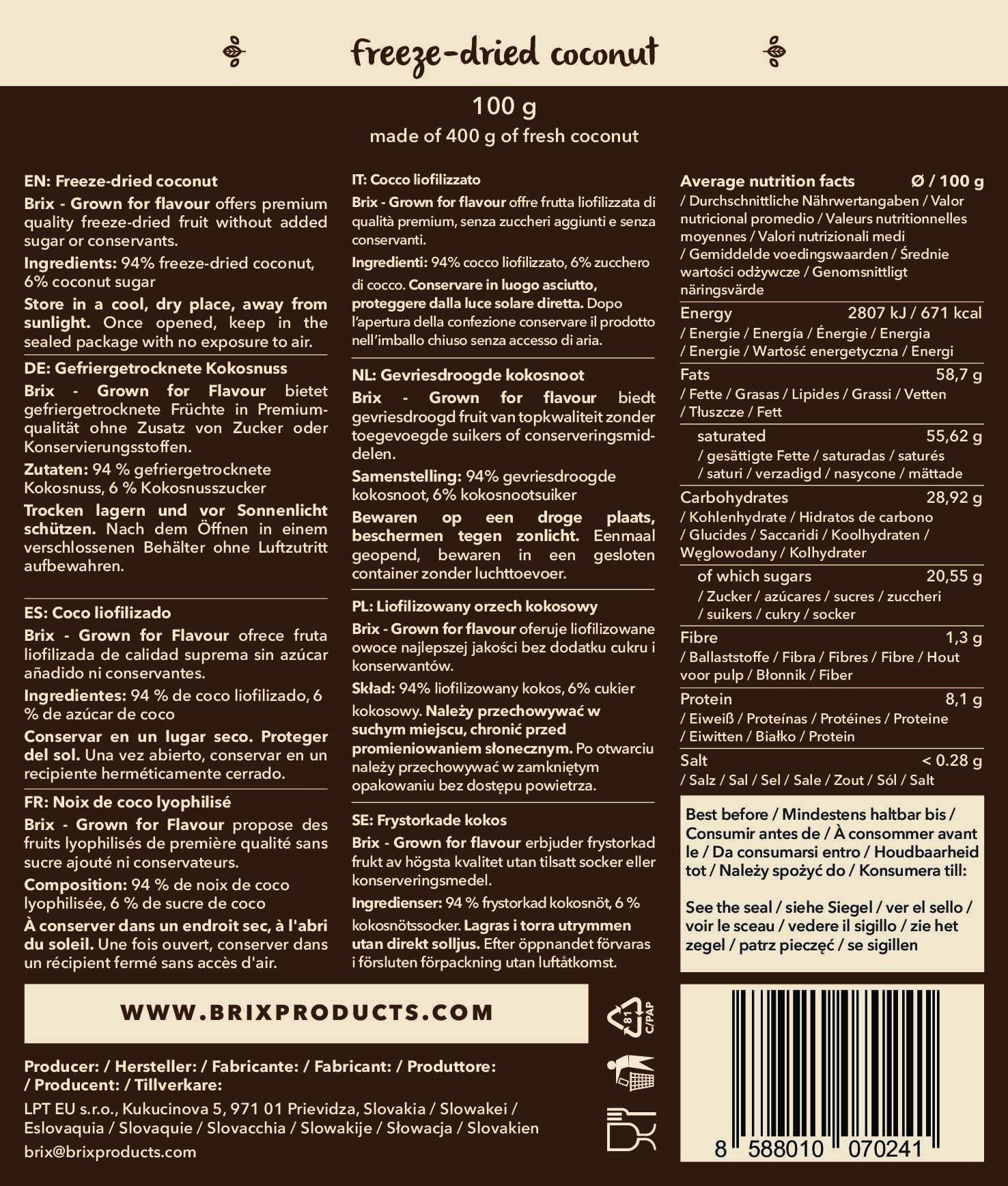 BRIX Coco Rallado Liofilizado 100g Natural Sin OMG Gluten Vegano