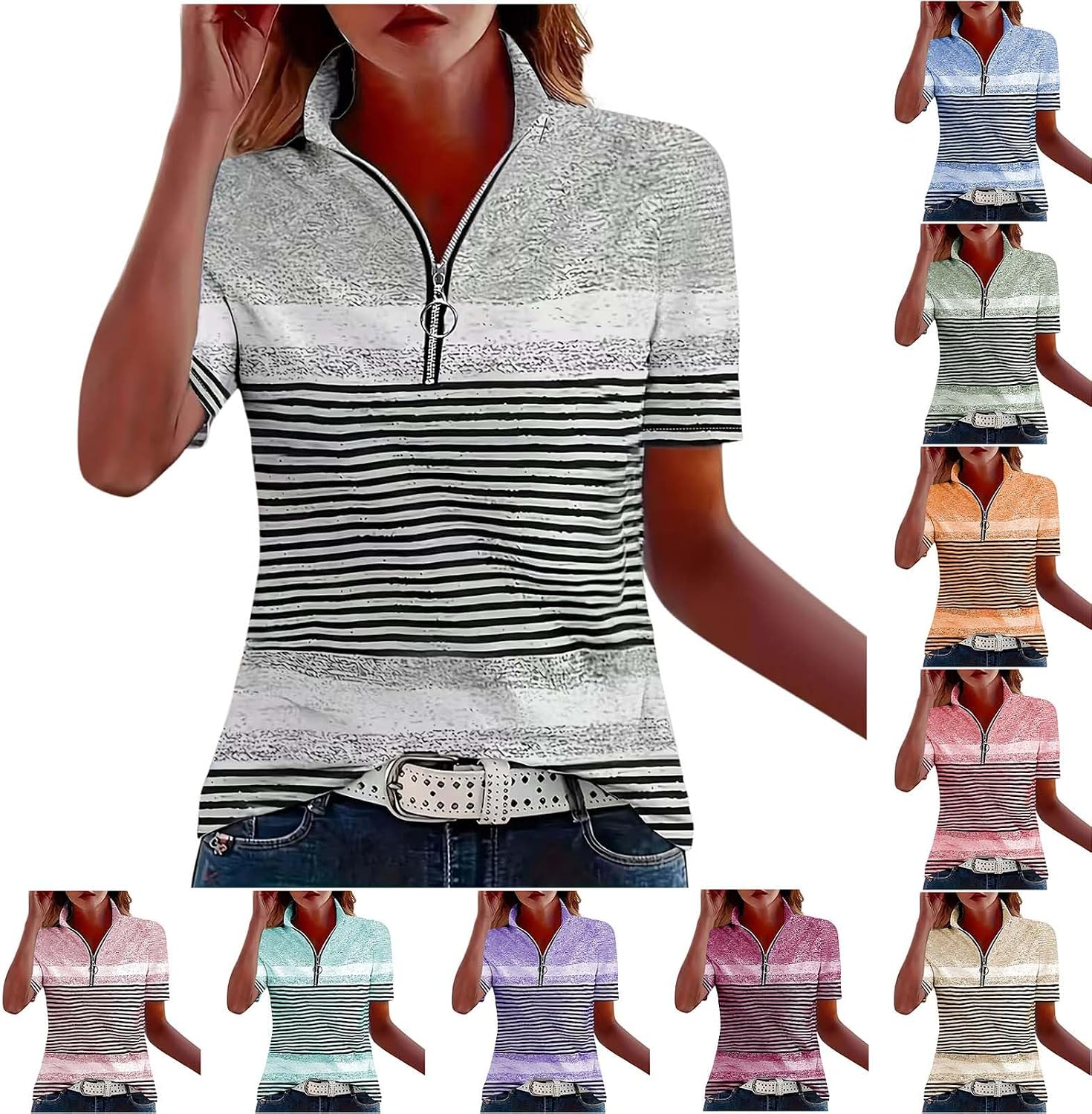 Womens Striped Golf Shirt Short Sleeve Collared Work Shirts 1/4 Zip Up Workout Tops Stretch Athletic Shirts