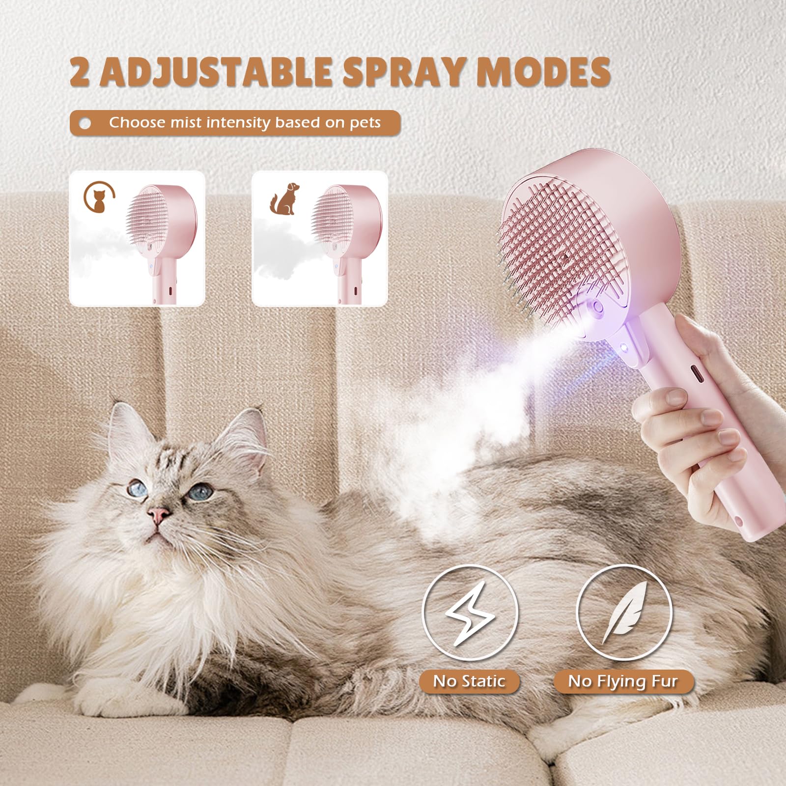 Spazzola a vapore 4 in 1 per cani e gatti - Autopulente con serbatoio d'acqua - Toelettatura e massaggio per animali domestici（Rosa）