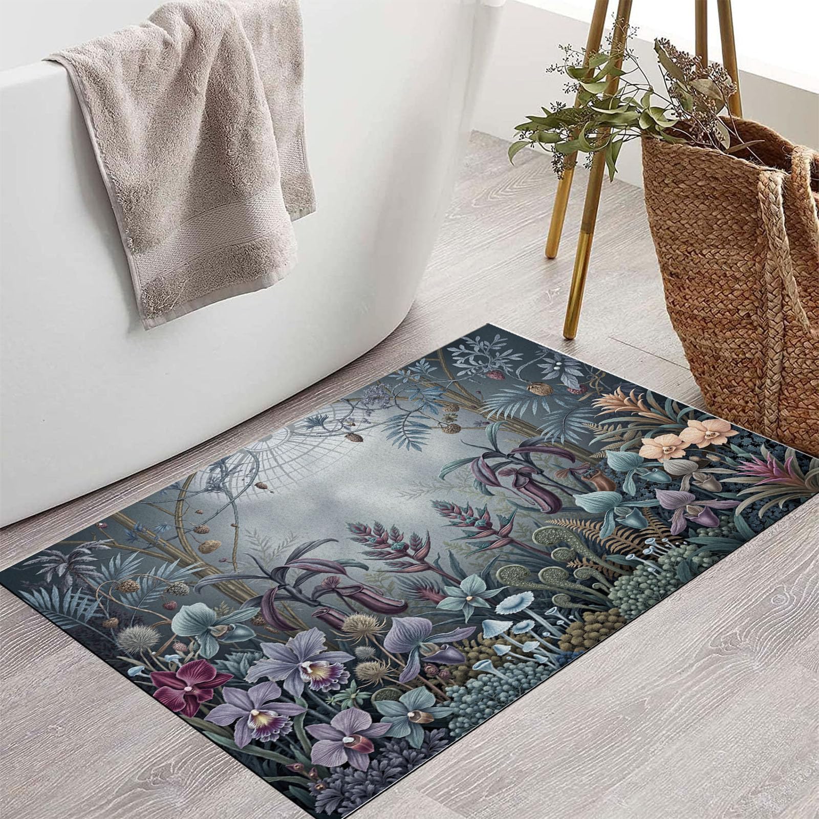 Zerbino Interni Paesaggio Botanico Gotico 80X120Cm, Antiscivolo Lavabile, Tappeto Da Ingresso Fiori Misteriosi Foresta, Tappetino Pelo Basso Antipelo Per Porta D’Ingresso, Grigio Antracite
