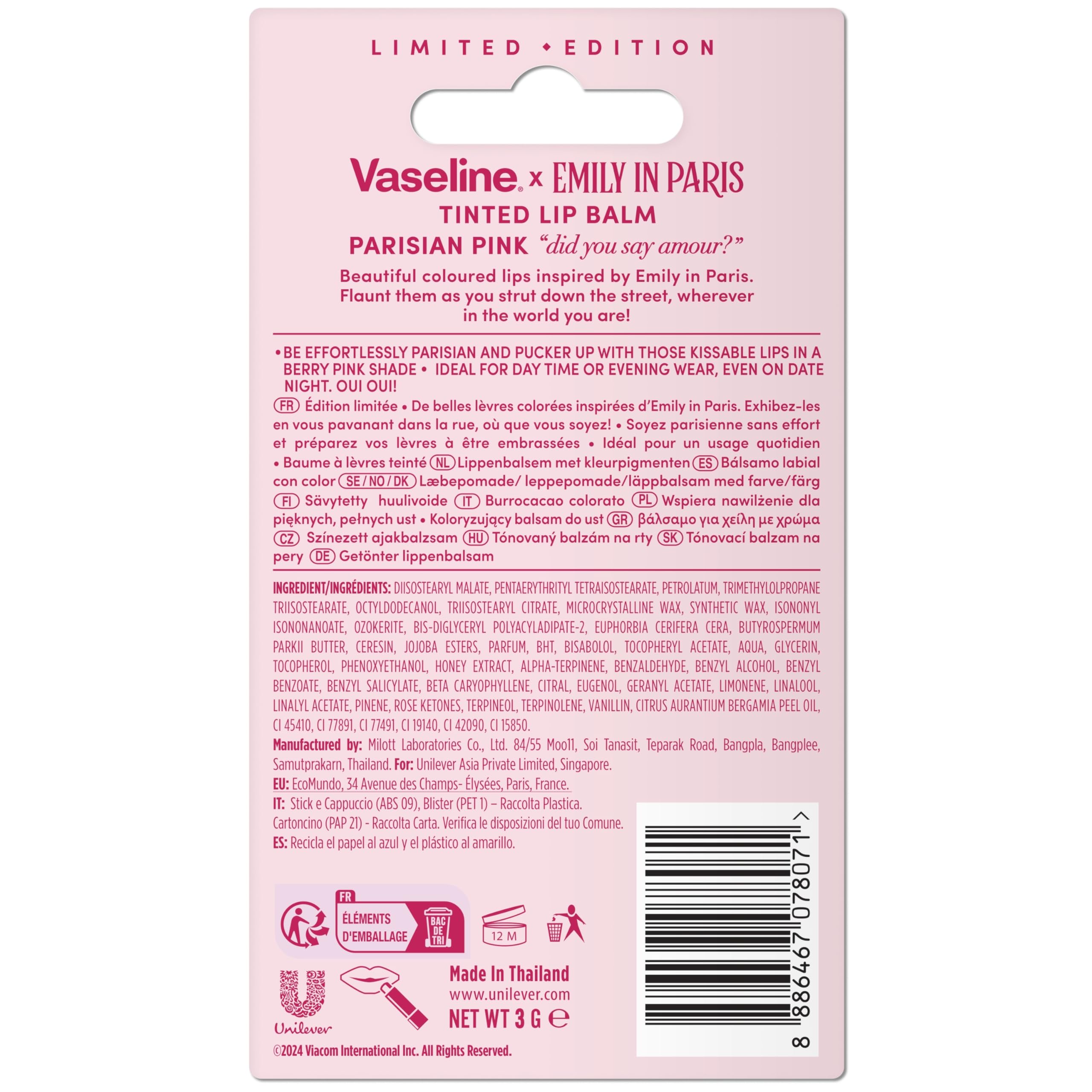 Vaseline LP Lip Balm with Color, Emily Parisian Pink, 3g, 24-Hour Moisture Supply with 9% Vaseline, Intense Pink - Image 3
