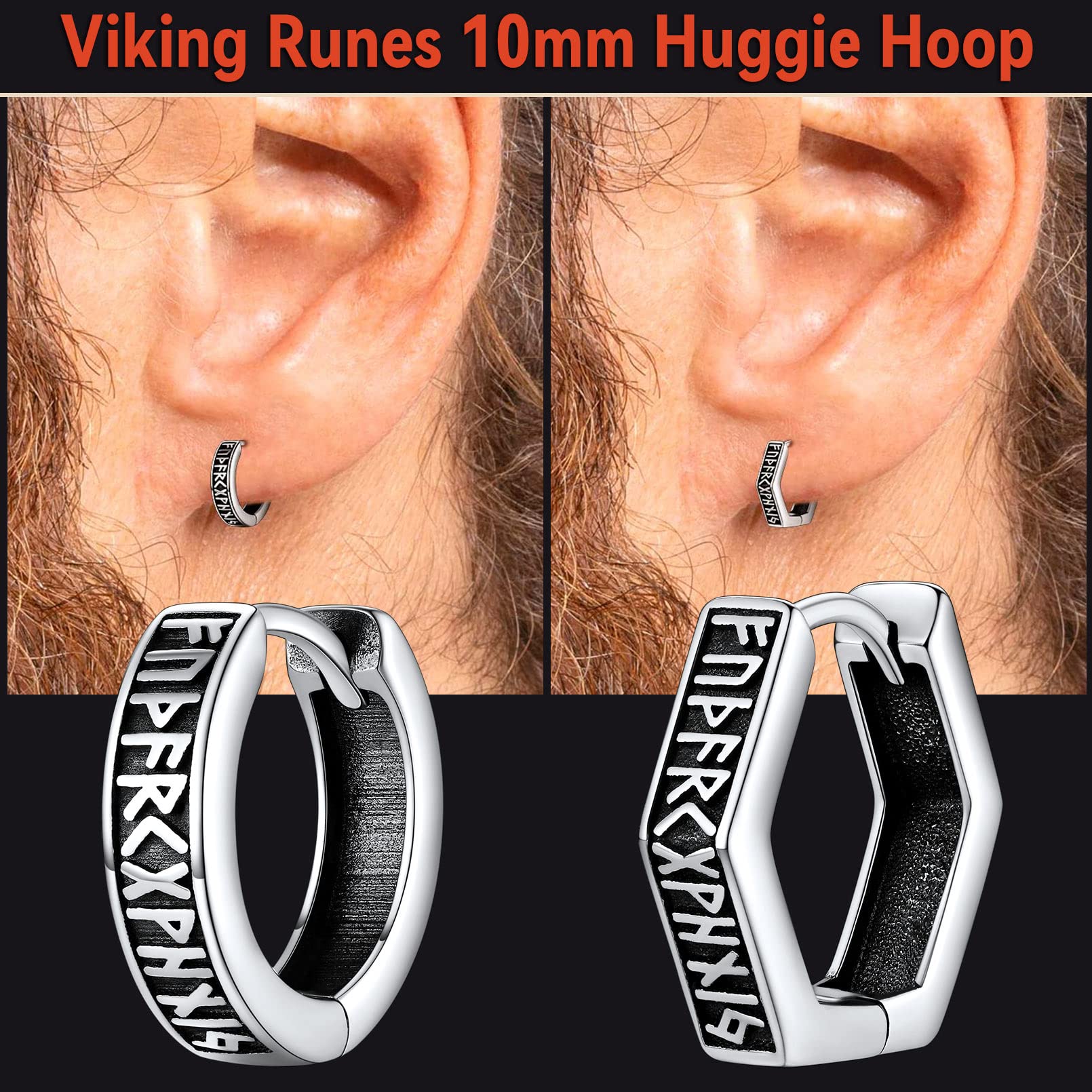FaithHeart Uomo Donna Orecchini Cerchio di Rune Vichinghe Rune Celtiche Orecchini Cerchio Argento 925 / Acciaio Inox Antiallergico con Onice Gioielli Amuleto Nordico