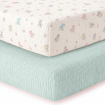 2 Pack Muslin Crib Sheets for Boy - 52 x 28, Lake Blue & Dinosaur