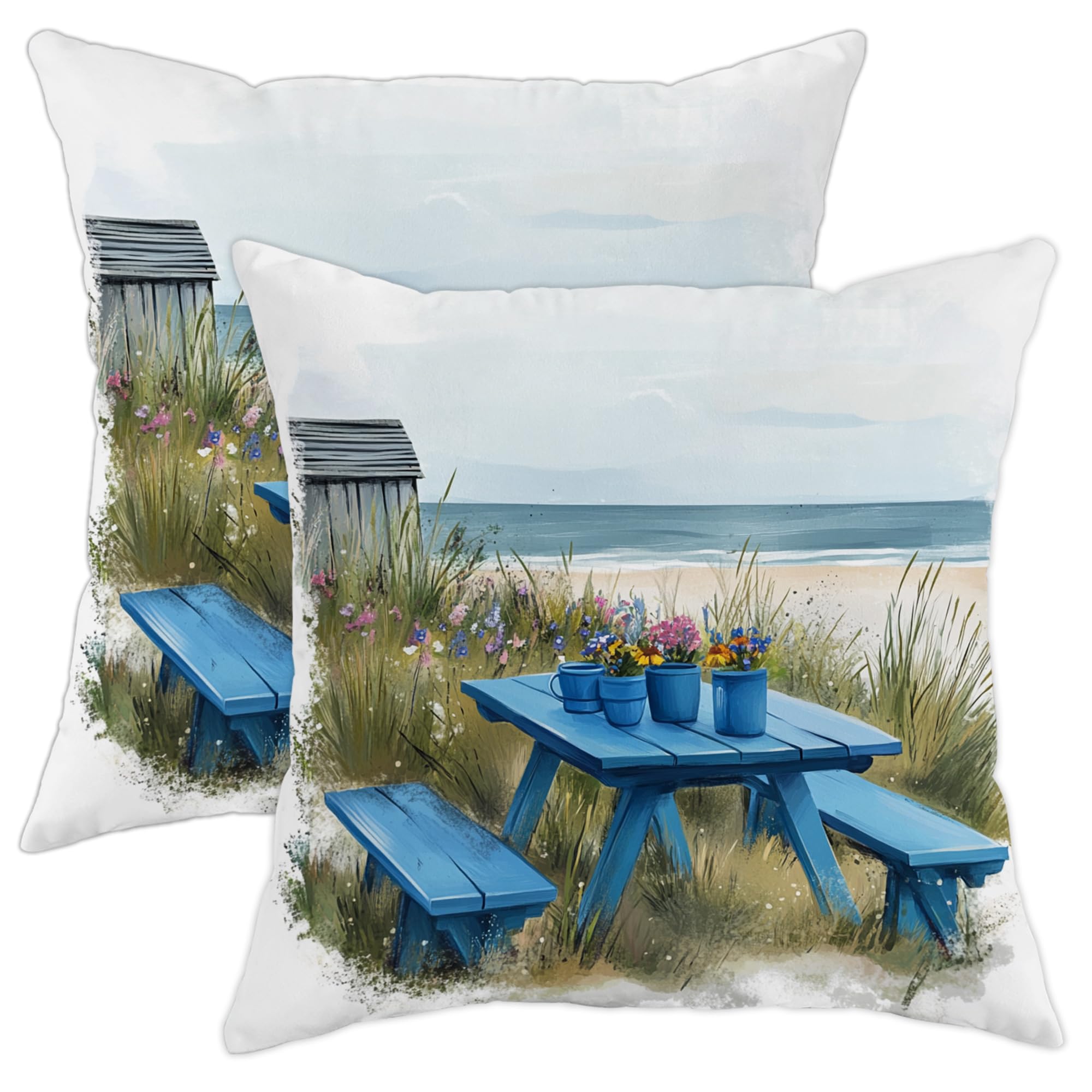 Ocean Themed Pillow Covers Set of 2, Sky Blue Beach Table Decorative Cushion Cases, Summer Outdoor Farmhouse Decor for Sofa Bed Couch 16x16 Inch