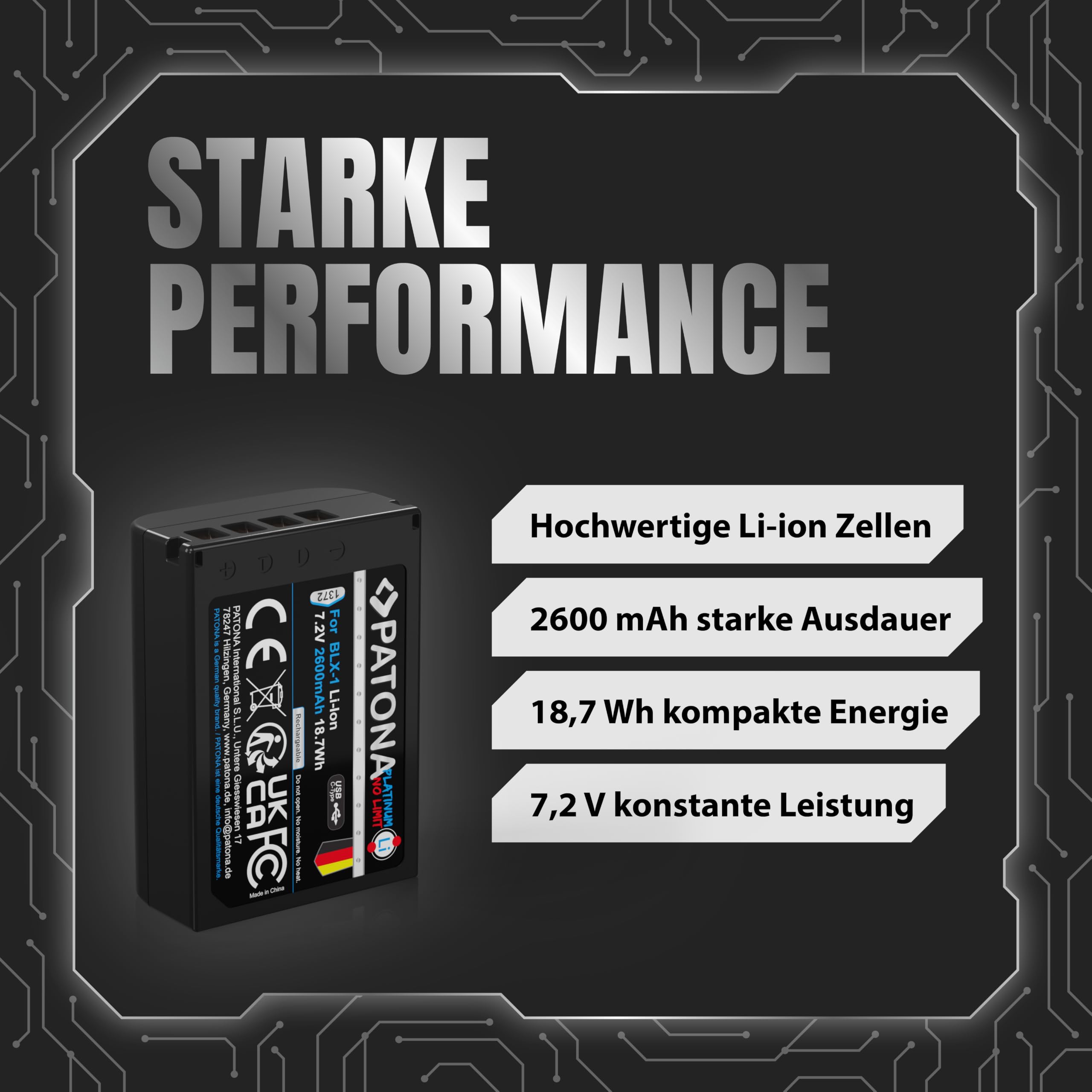 PATONA USB-C Platinum Akku Ersatz für Olympus BLX-1 BLX1 Battery 2600mAh