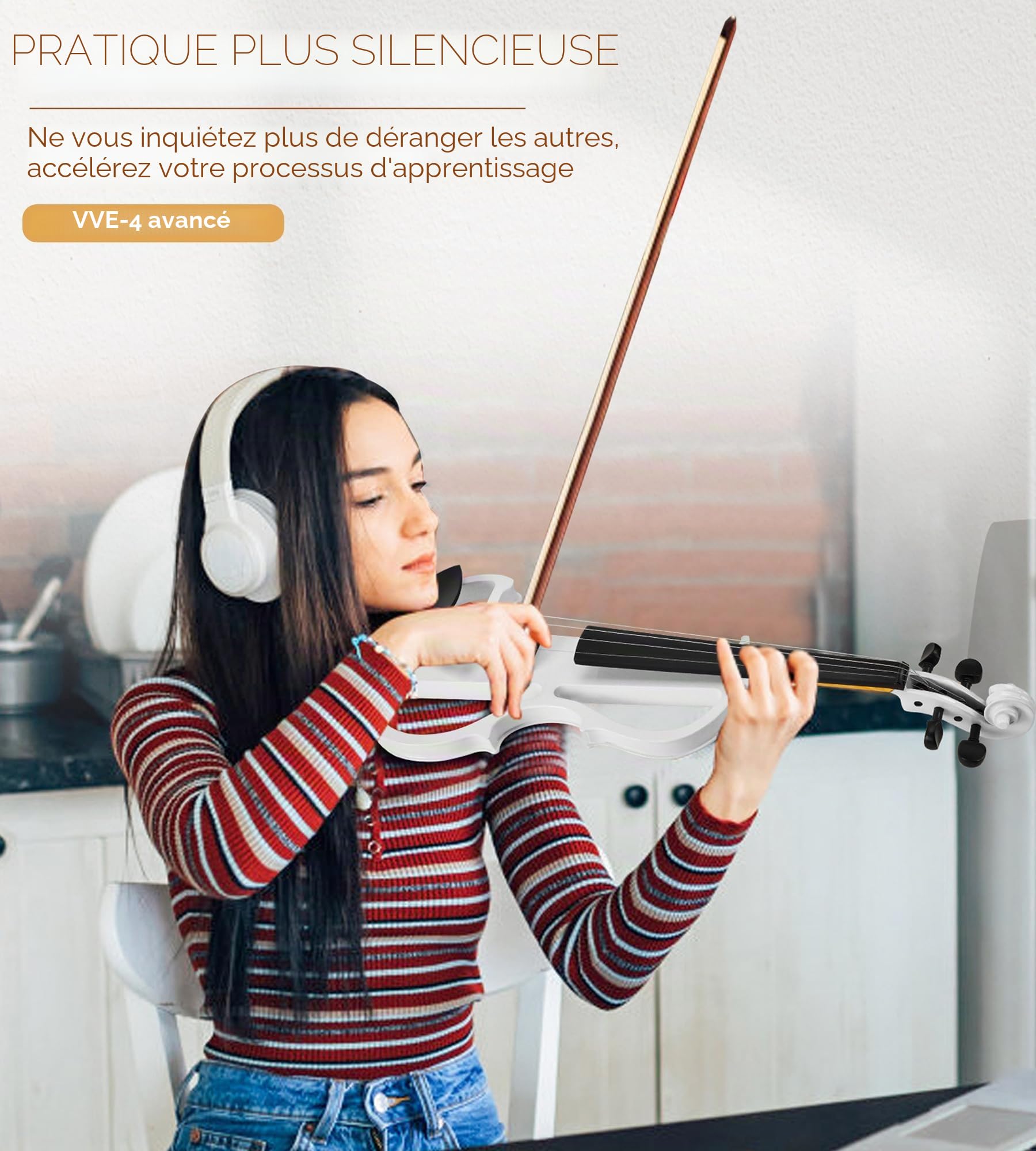 Vangoa Violon Électrique 4/4 Pratique Silencieuse Violon Pleine Grandeur pour Débutants Étudiants Adultes Adolescents avec Kits de Démarrage, Blanc