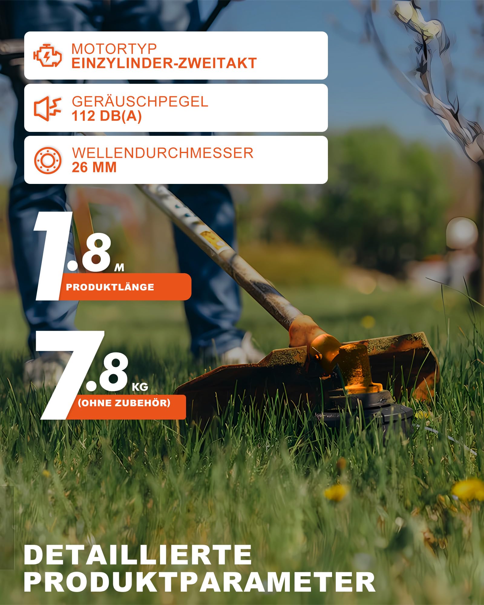 Benzin Motorsense 52cc 2-Takt Rasentrimmer – 2-in-1 Multifunktion 3 PS Einzylinder-Motor mit 3-Zahn-Messer & Nylonschnur-Spule, Leistungsstark & Zuverlässig für Garten und Feld