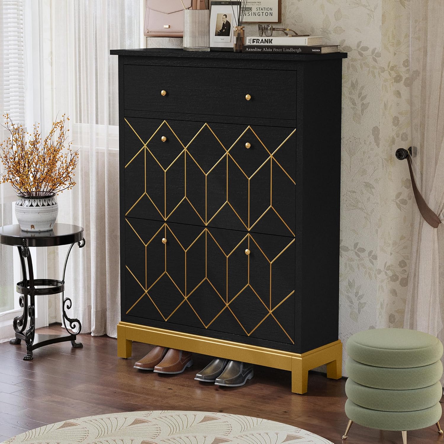HLR Space Saving Hidden Shoe Cabinet with 2 Flip Doors 1 Drawer, Shoe Cabinet Storage, Entryway Narrow Shoe Rack Cabinet, Freestanding Hidden Shoe Rack Storage Organizer, Black with Gold Legs