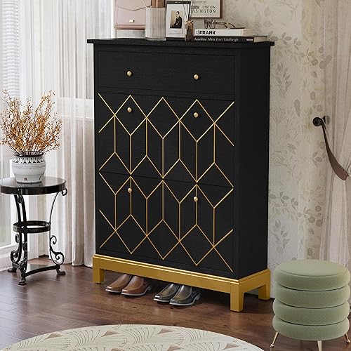 Miniatura 10 de HLR Gabinete oculto para zapatos que ahorra espacio con 2 puertas abatibles, 1 cajón, armario de almacenamiento de zapatos de entrada, armario