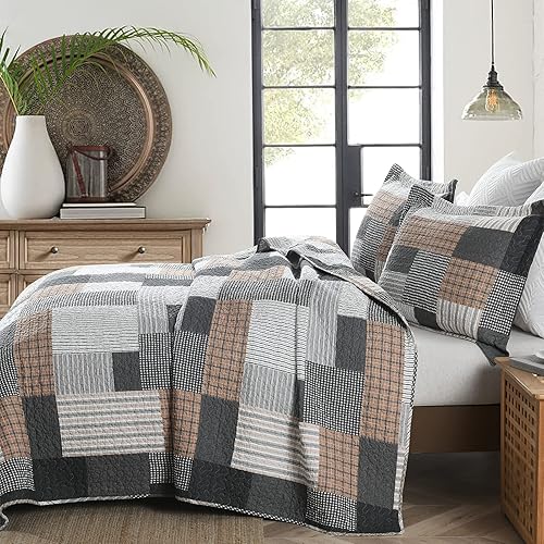 Miniatura 3 de Y-PLWOMEN Colcha tamaño King  Juego de ropa de cama reversible de 3 piezas para todas las estaciones, gris, negro, marrón, blanco