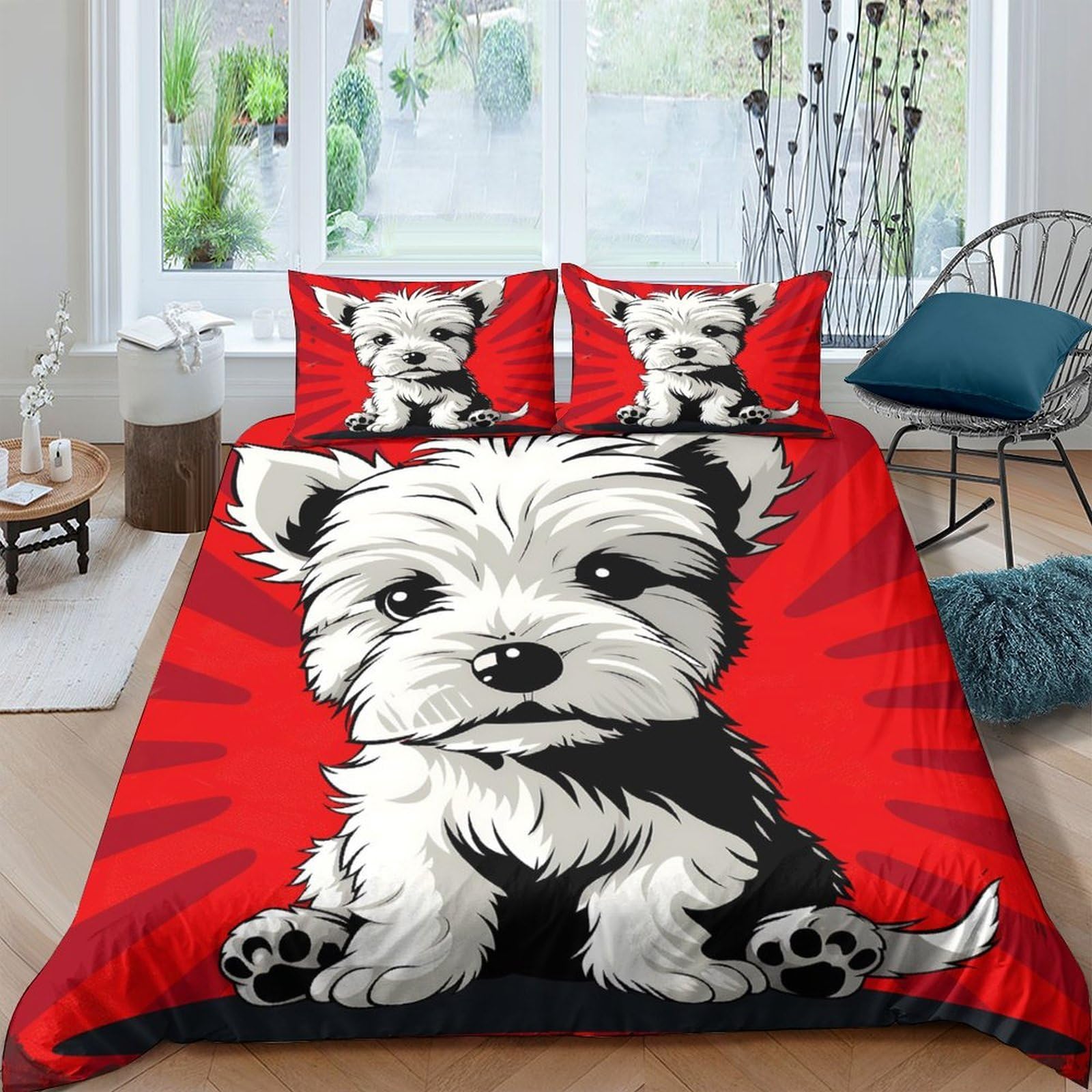 TUFRTGYHN 3D Printed Cute Westie Puppy Duvet Cover Microfiber Red Bedding Set with 2 Pillowcases for Bedroom Apartment Decor, Single（135x200cm）