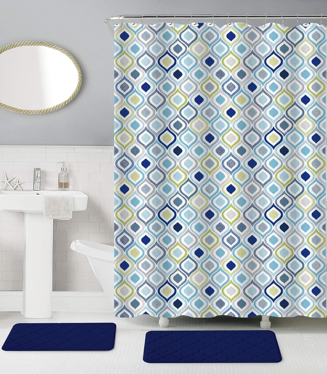 BH Home 15 Pieces Shower Curtain and Super Soft Memory Foam Rugs Set. 100% Microfiber Mats. (Tylor)