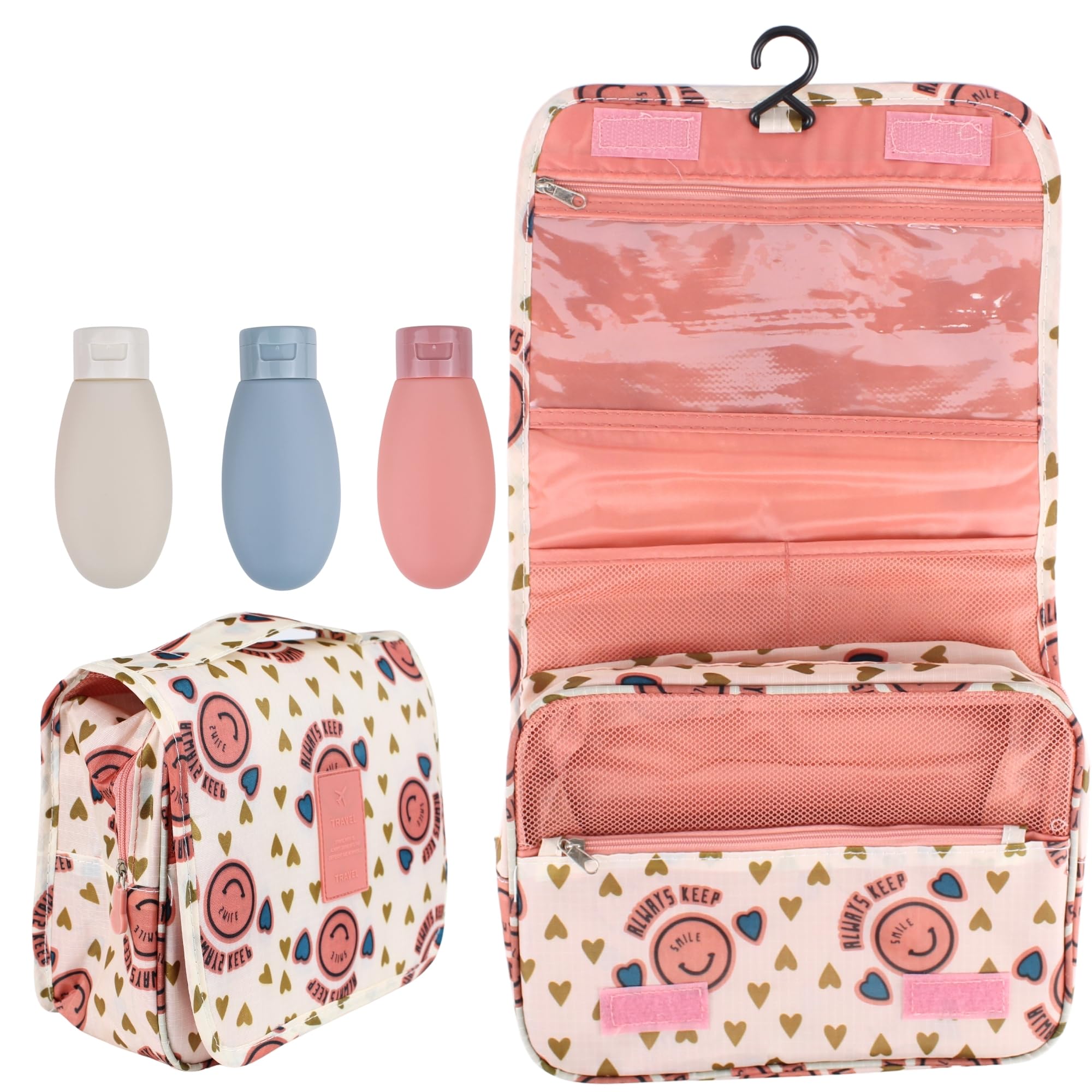 Pakana Neceser de Viaje con Botes Reutilizables de Regalo - Neceser Hombre y Mujer- Neceser Cosmeticos - Neceser colgable (Smile - Pink)