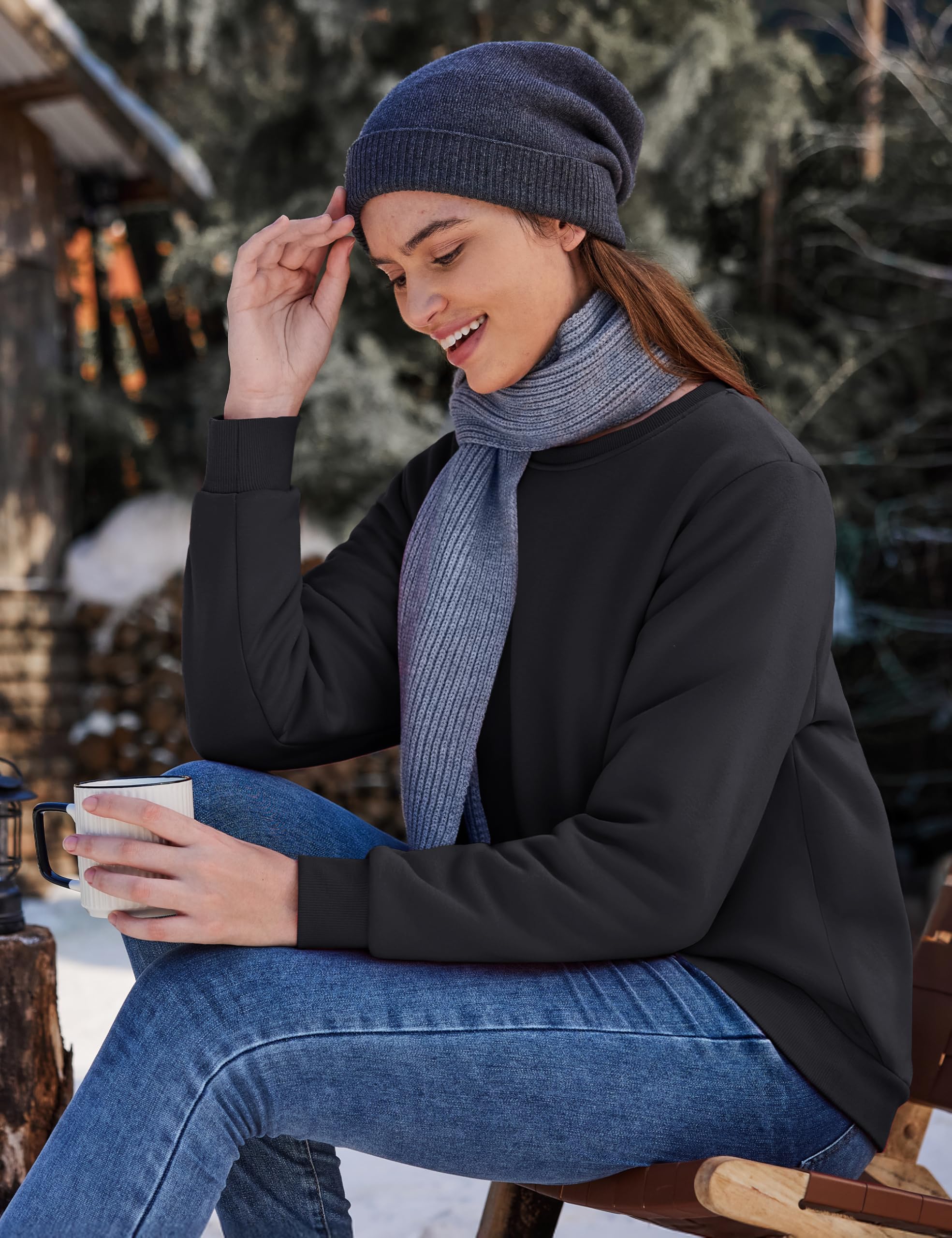 TACVASEN Pullover Damen Sweatshirt Baumwolle Langarmshirt Rundhals Ohne Kapuze Winter Basic Fleecepullover Warme Casual Oberteil Elegant Tops Bluse