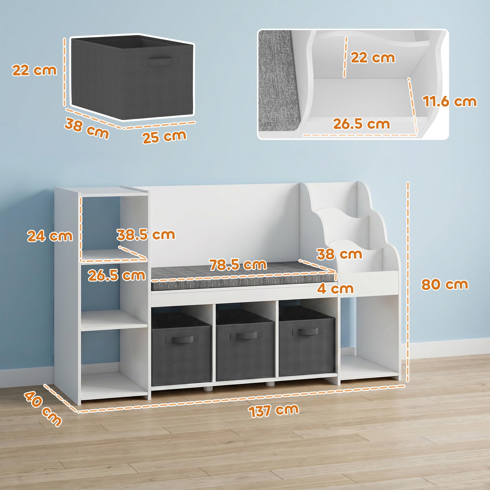 AIYAPLAY Scaffale Portagiochi Bambini, Libreria Montessoriana per Bambini in Legno 3-8 Anni con Libreria a 3 Livelli, 3 Cassetti in Tessuto, 4 Scomparti, Cuscino, per Cameretta, 137x40x80cm, Bianco