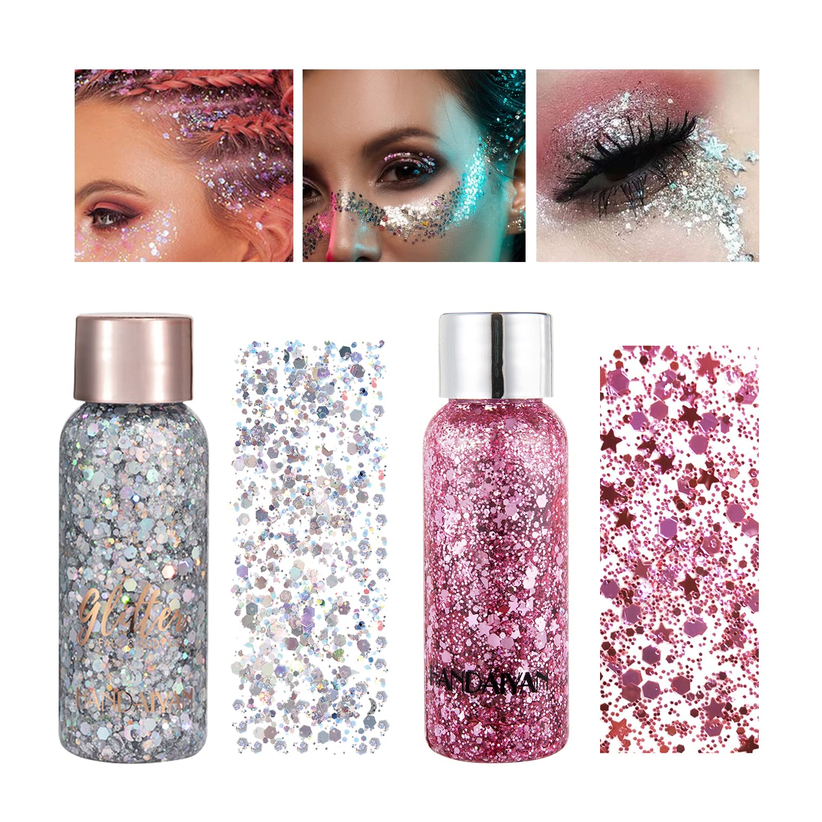 Zilams 2 Piezas Lentejuelas de Sirena Con Purpurina Líquida Maquillaje Purpurina Cara Chunky Glitter Body Gel Glitter Maquillaje Festival Accesorios Brillantes para Cara Pelo Uñas Labios (Plata+Rosa)