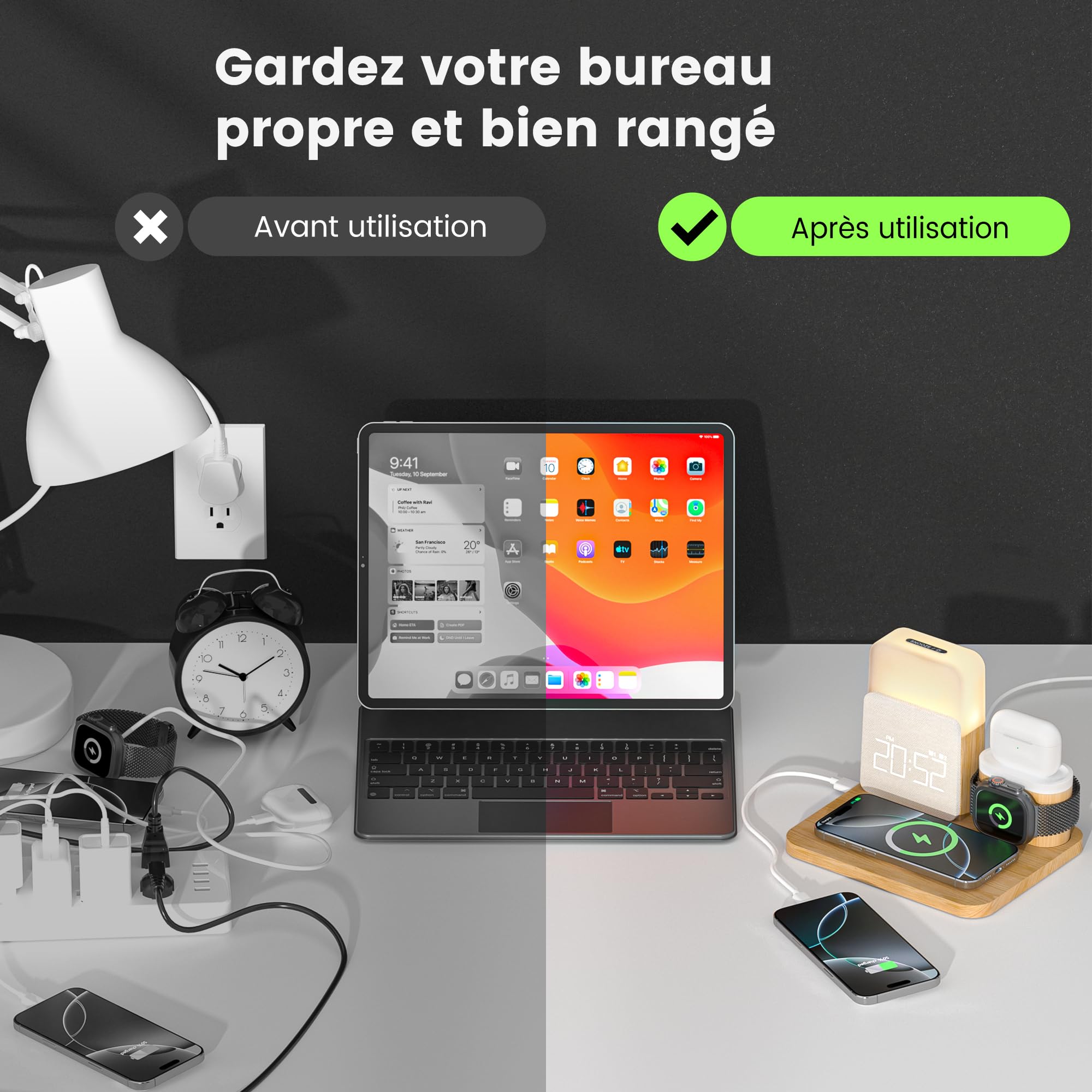 COLSUR Chargeur Induction 7 en 1 pour Apple Watch iPhone AirPods, Station De Charge Samsung, Lampe de chevet chambre tactile, Réveil, téléphones accessoires sans fil 17/16/15/14/13, decoration chambre