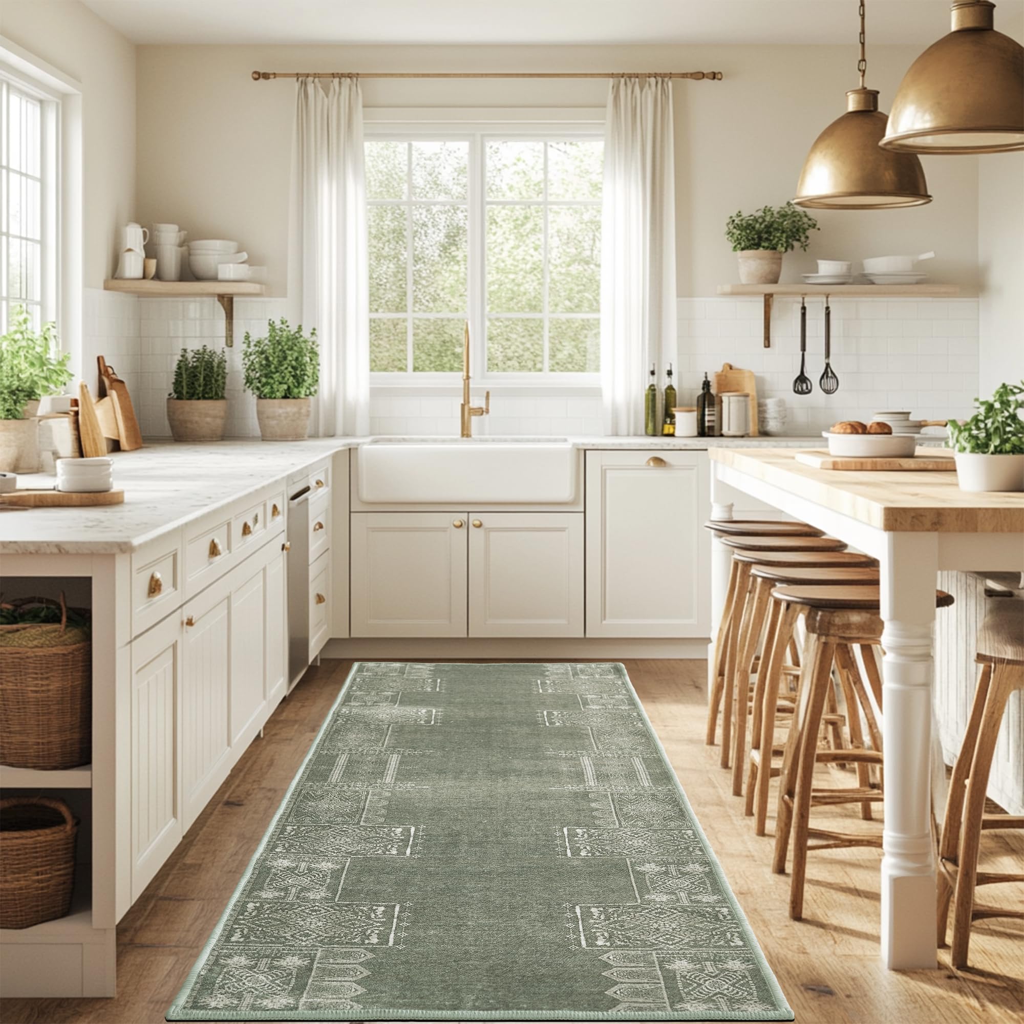 NICETOWN Green Kitchen Runner Rug- 2x6 Rug Washable Non Slip with Rubber Backing Vintage Ultra-Thin Throw Carpet Runners for Hallways Bedroom Laundry