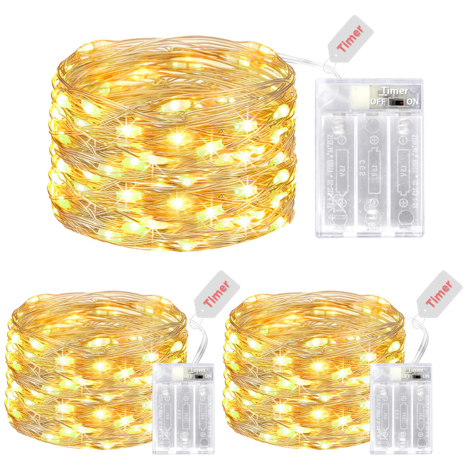 litogo Fairy Lights Battery Operated with Timer, [3 Packs/5M/50 LED] Copper Wire Micro LED String Lights Indoor, Warm White Hanging Twinkle Lights for Bedroom Christmas Party Wedding DIY Decoration