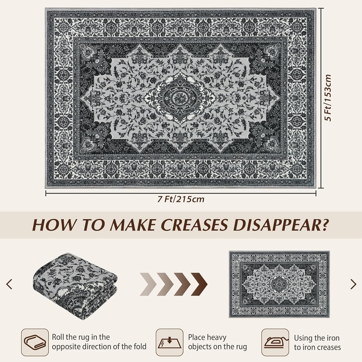 area rug for living room, 5x7ft machine washable grey rugs for bedroom, non-slip vintage carpet for office dining room nursery farmhouse 5' x 7' (rectangular) grey