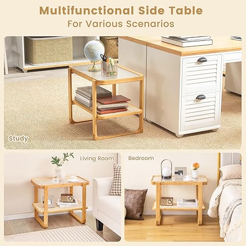 Miniatura 16 de GOFLAME Juego de 2 mesas auxiliares de ratán, mesa auxiliar en forma de Z con parte superior de vidrio templado, revistero, mesita de noche bohemia,