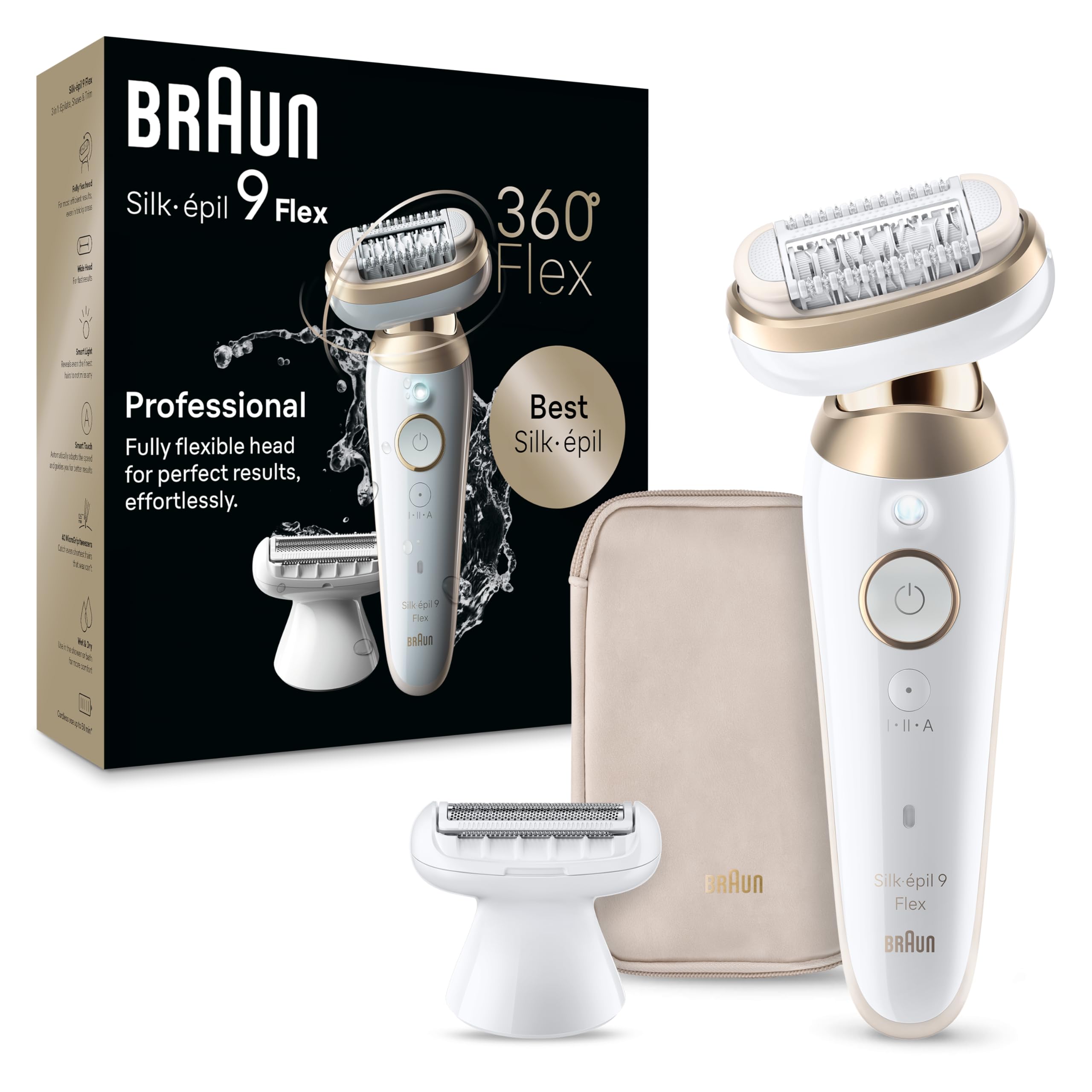 Braun Silk-épil 9 Flex Epilator, 360 Flex and Pivoting Head, Wet and Dry, Includes Shaver Head, Trimmer Comb, SES9-041 3D, Tinted Gold, Holiday Gifts for Women