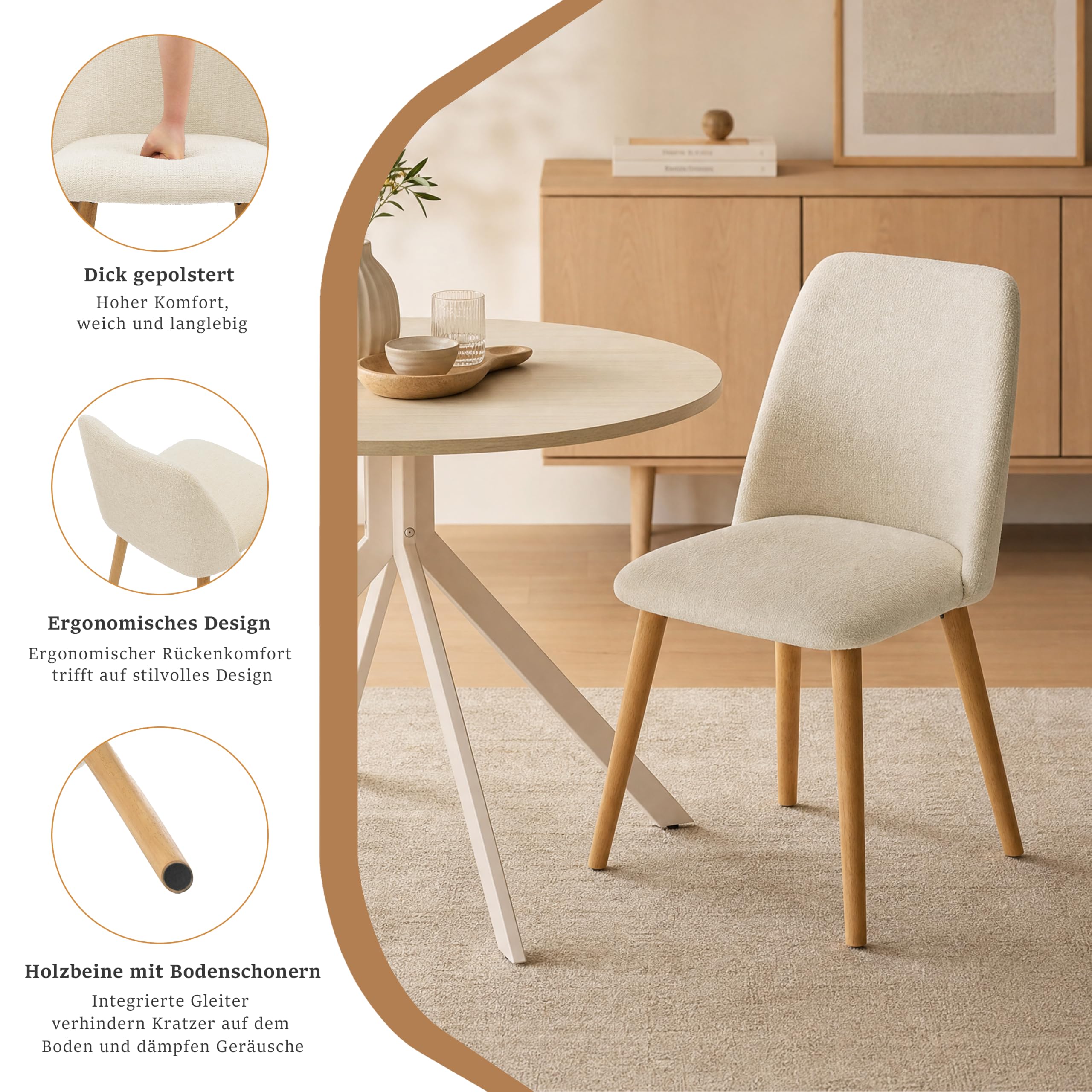 Conjunto de Comedor 5 Piezas: Mesa Redonda de 100 cm con 4 sillas, Ideal para Cocina, Comedor y salón.Travertino Mesa +Crema Silla